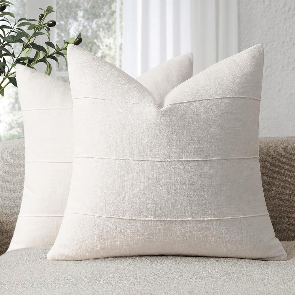 Cream White Striped Linen Pillow Covers Set of 2, 26x26