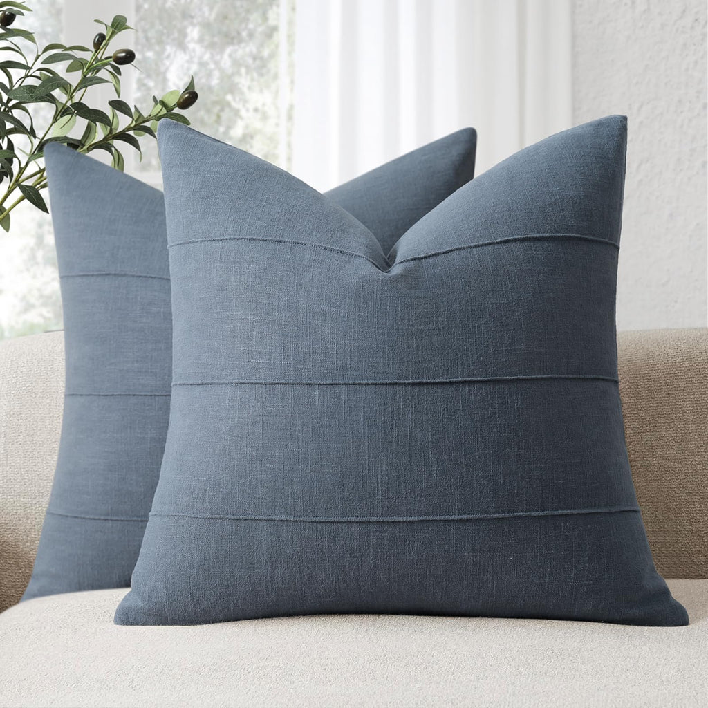 Slate Blue Striped Linen Throw Pillow Covers Set of 2, 26x26