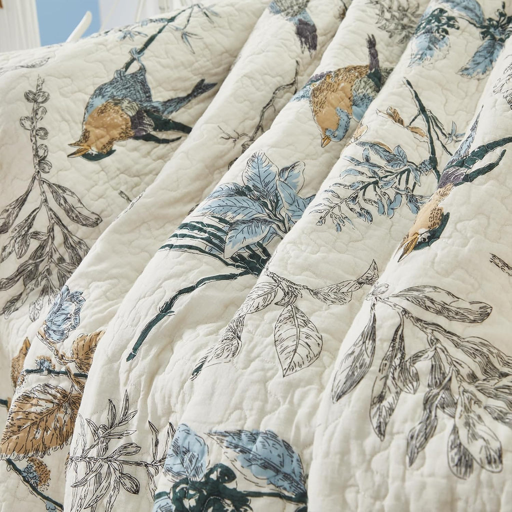 Beige Bird Print Cotton Quilted Throw 47x60 Inch
