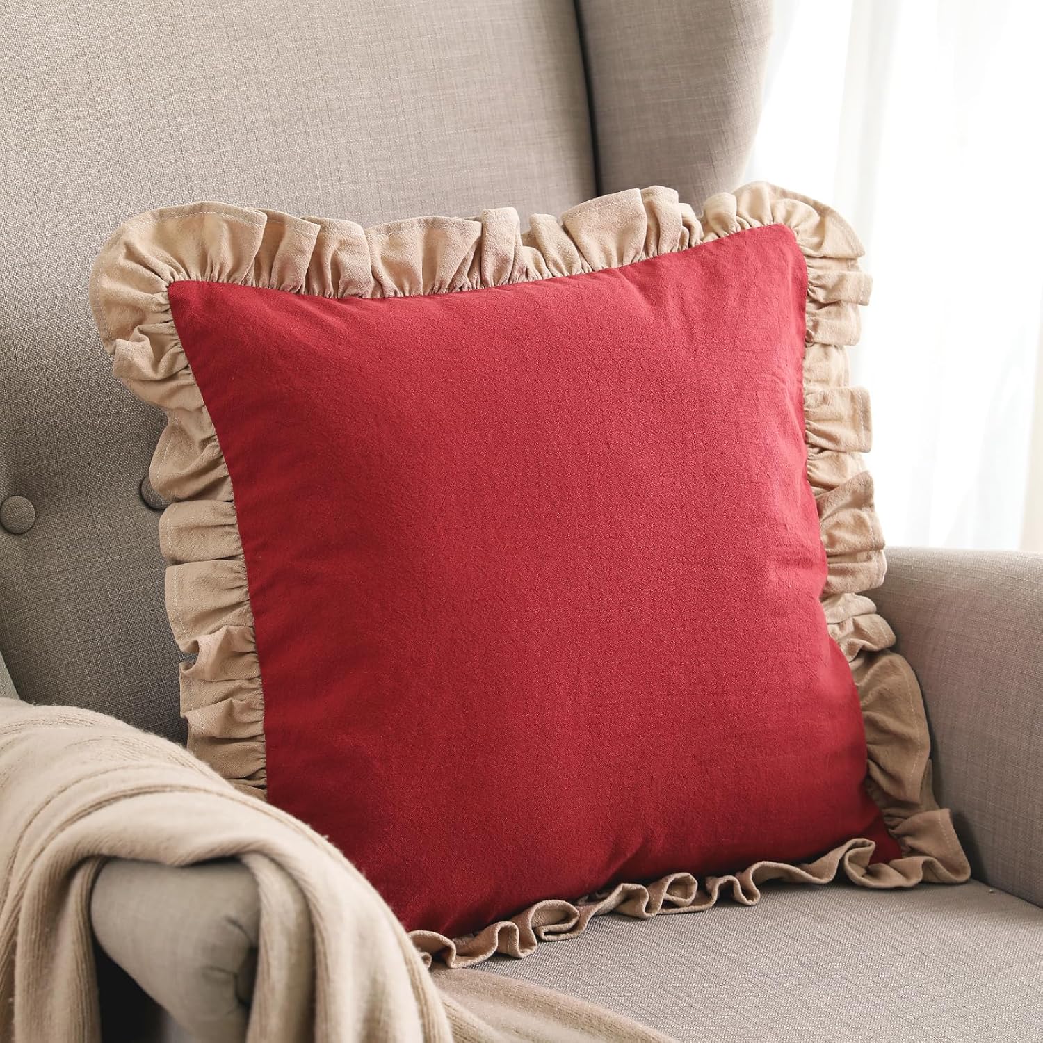 Vintage Red Ruffled Linen Pillow Covers Set of 2, 18"x18"
