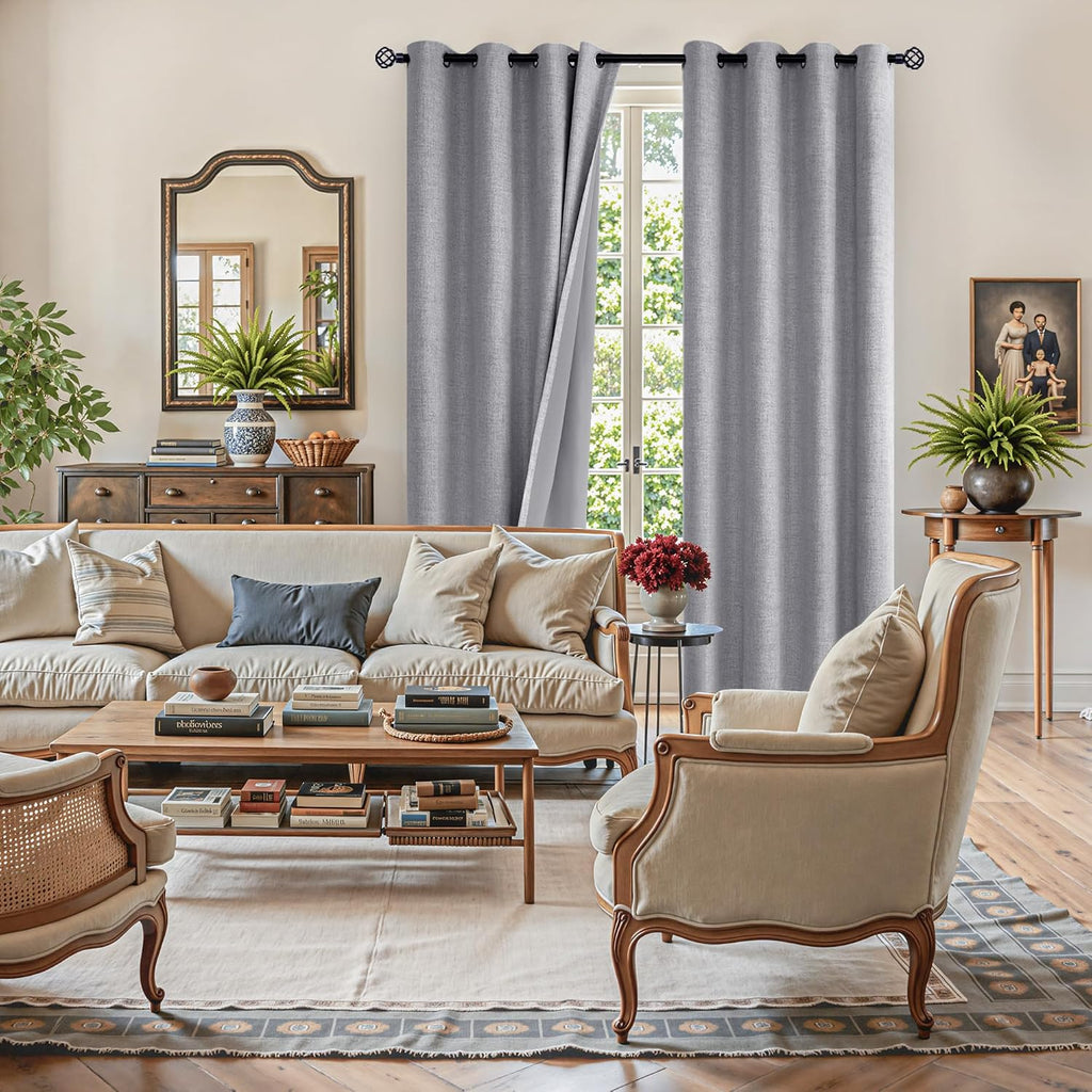 Grey Linen Blackout Curtains 2 Panels 52×80 Inch