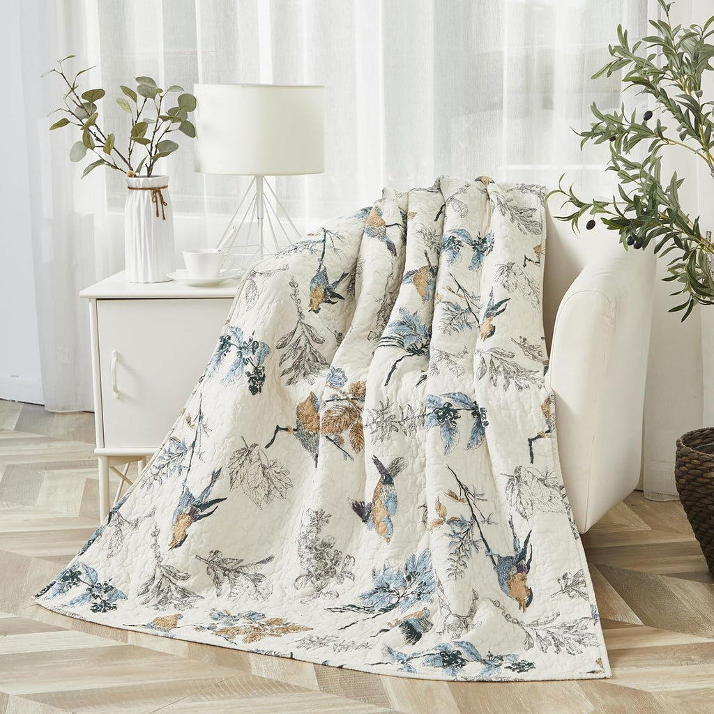 Beige Bird Print Cotton Quilted Throw 47x60 Inch