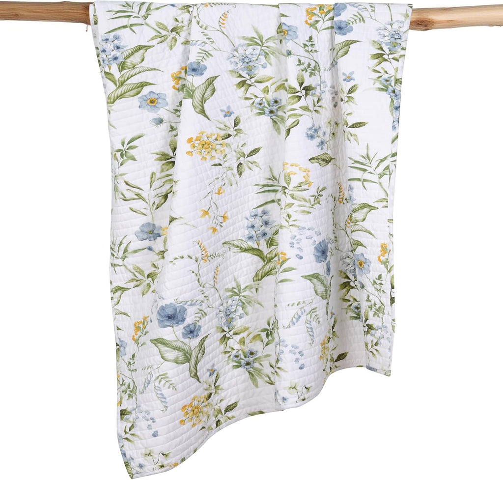 Blue Quilted Floral Cotton Throw 50x60in, Reversible