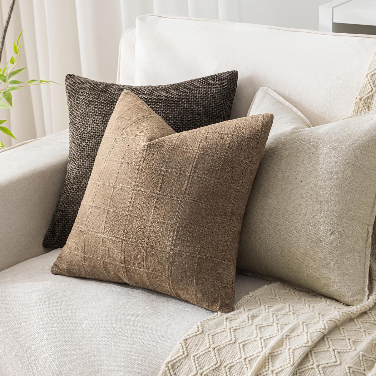 Brown Check Linen Pillow Covers Set of 2, 28"x28"