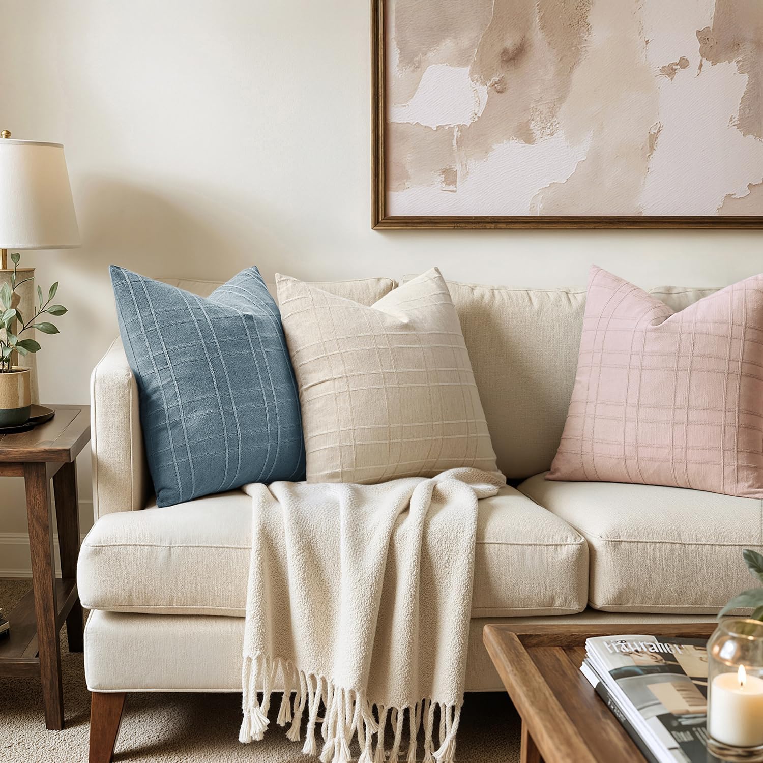 Light Pink Check Linen Pillow Covers Set of 2, 24x24