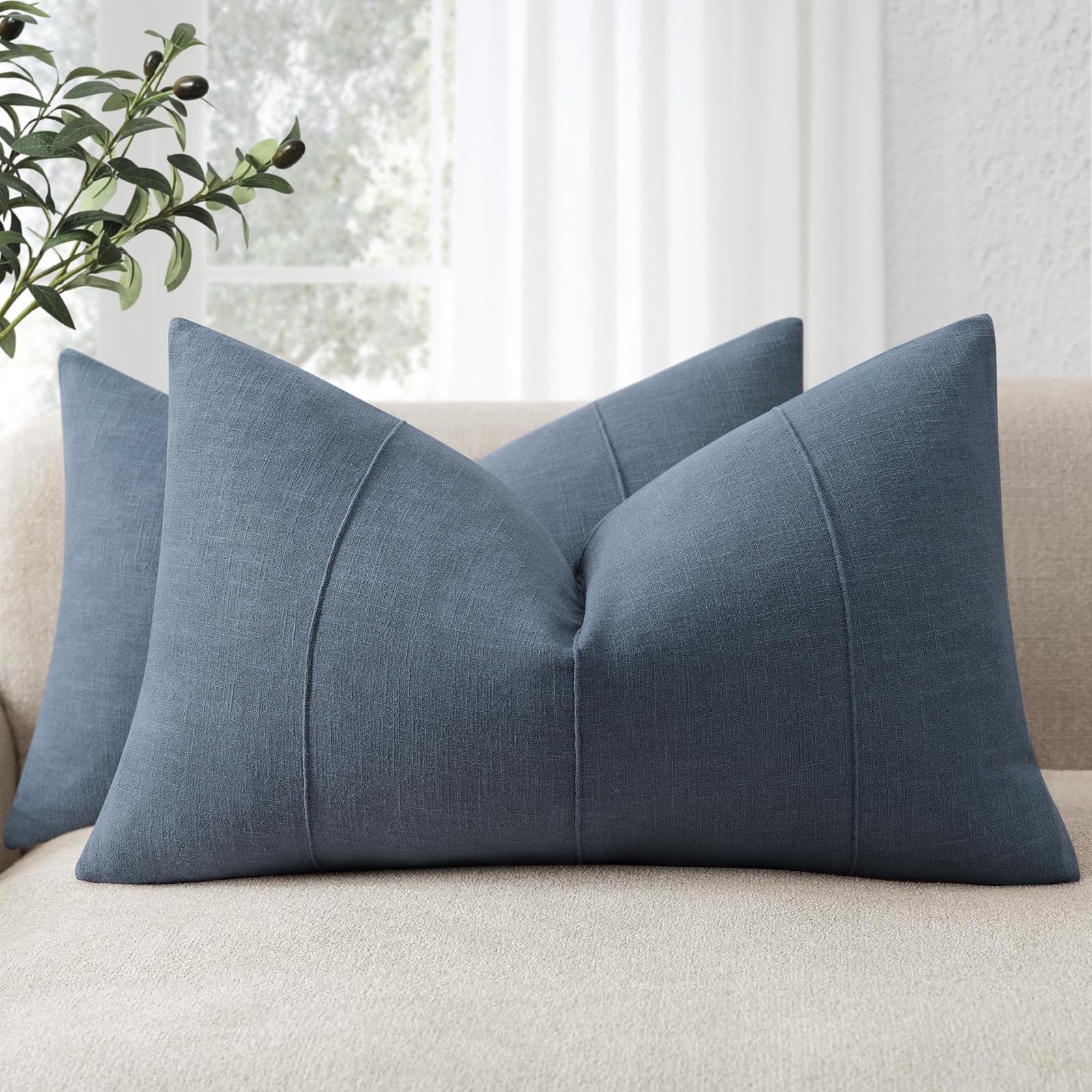Slate Blue Striped Linen Throw Pillow Covers Set of 2, 26x26