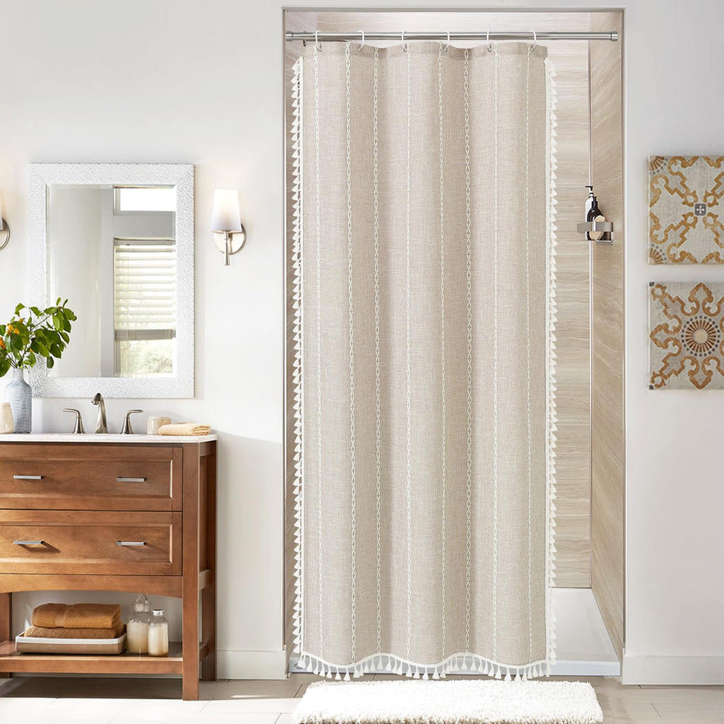 Beige Tassel Linen Boho Shower Curtain
