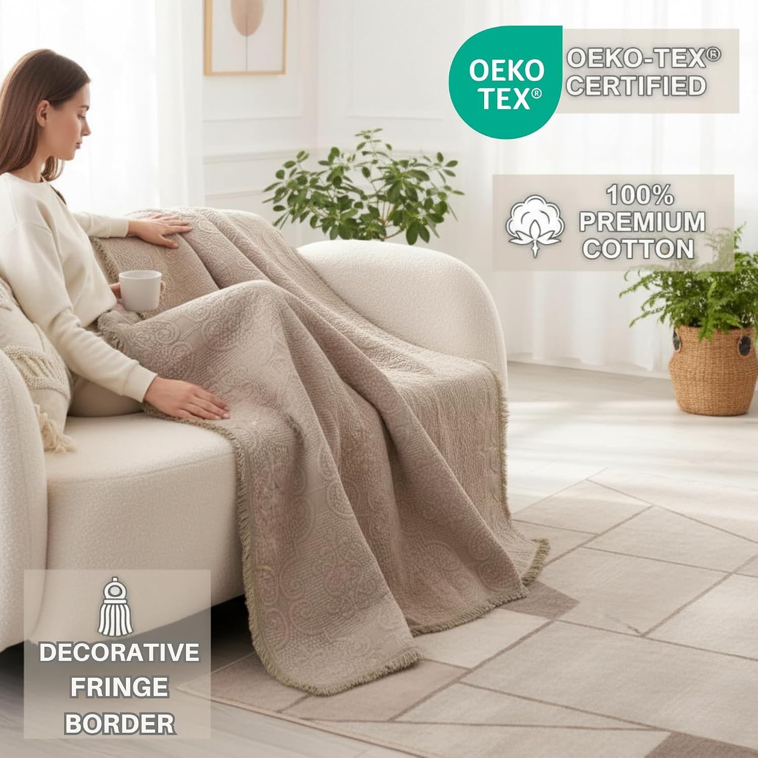 Taupe Cotton Quilted Throw With Fringe 50×60"