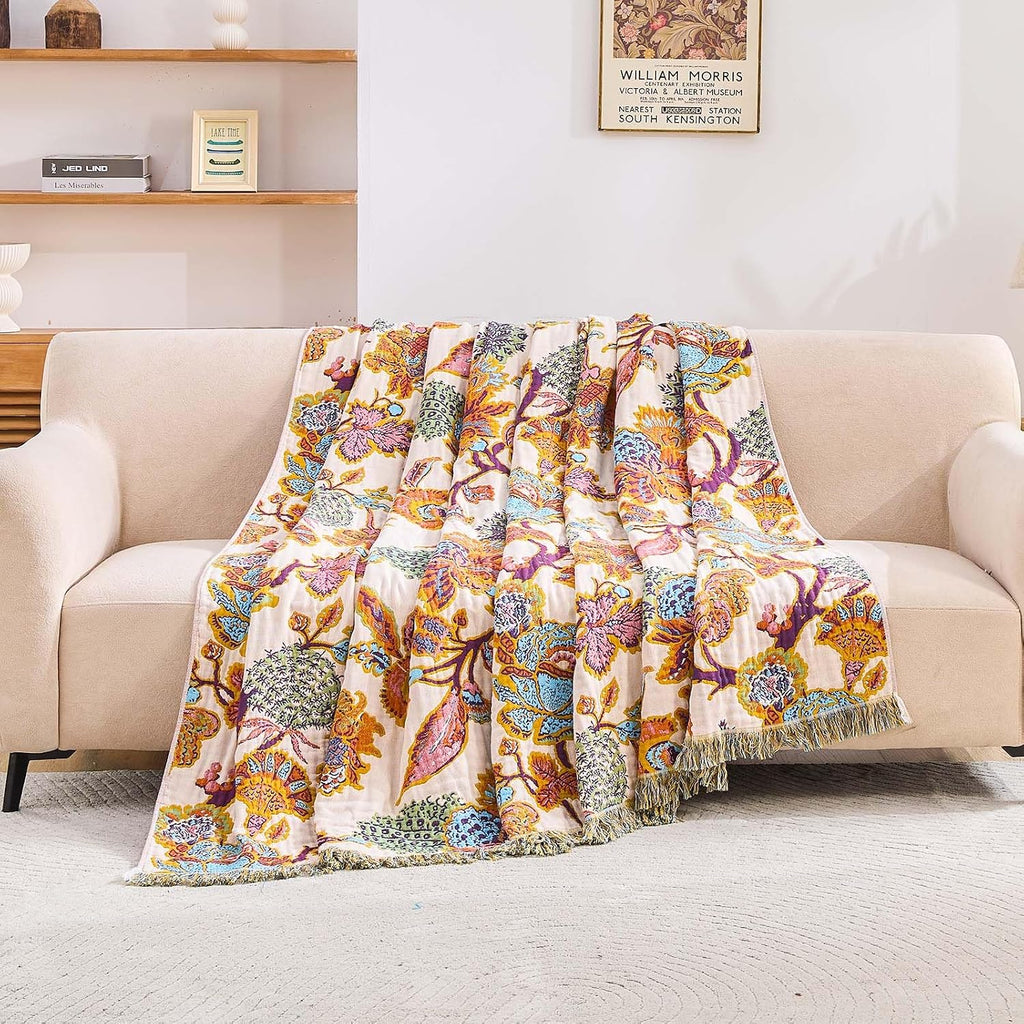 Floral Cotton Boho Throw Quilt 50"×60"
