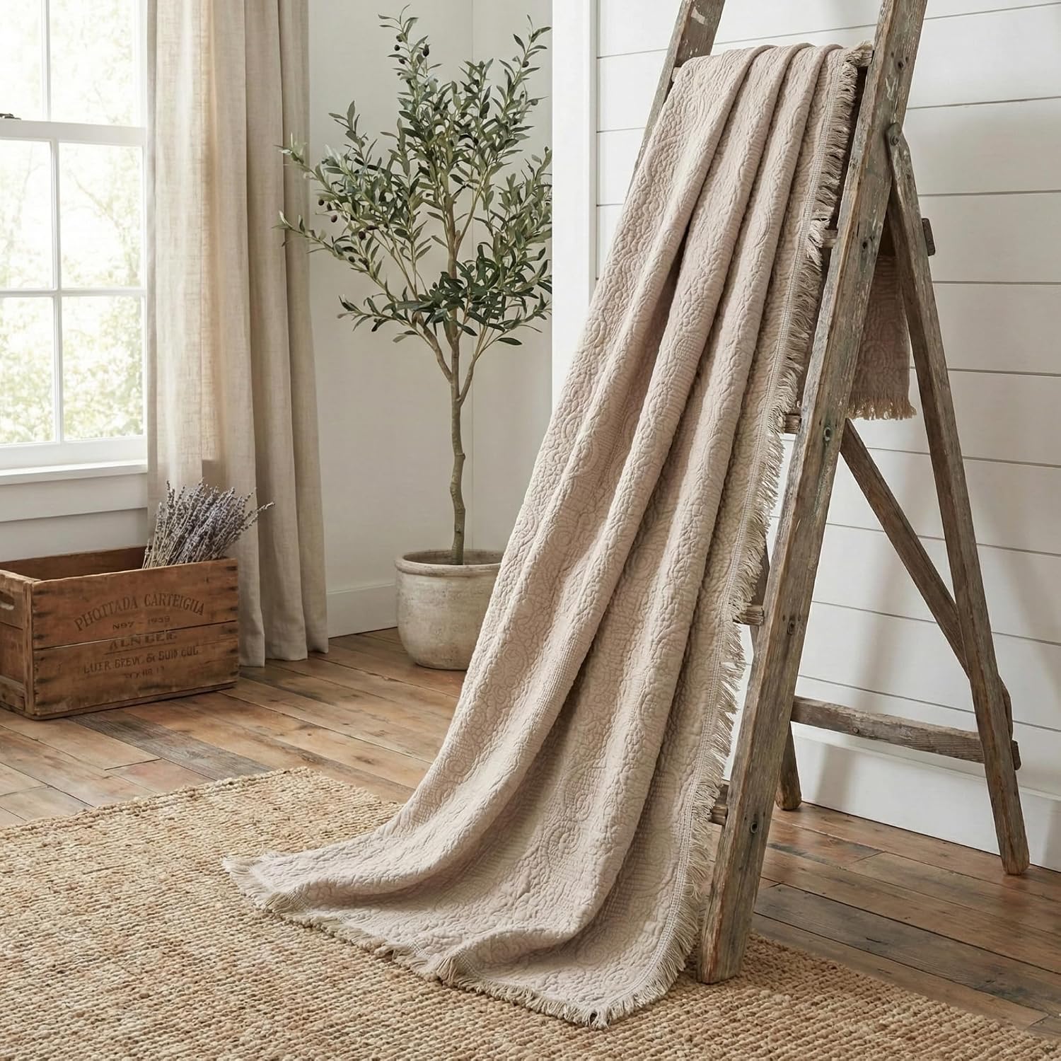 Taupe Cotton Quilted Throw With Fringe 50×60"