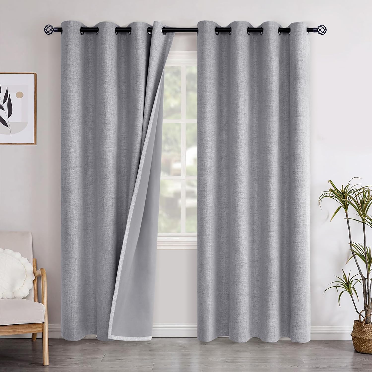 Grey Linen Blackout Curtains 2 Panels 52×80 Inch