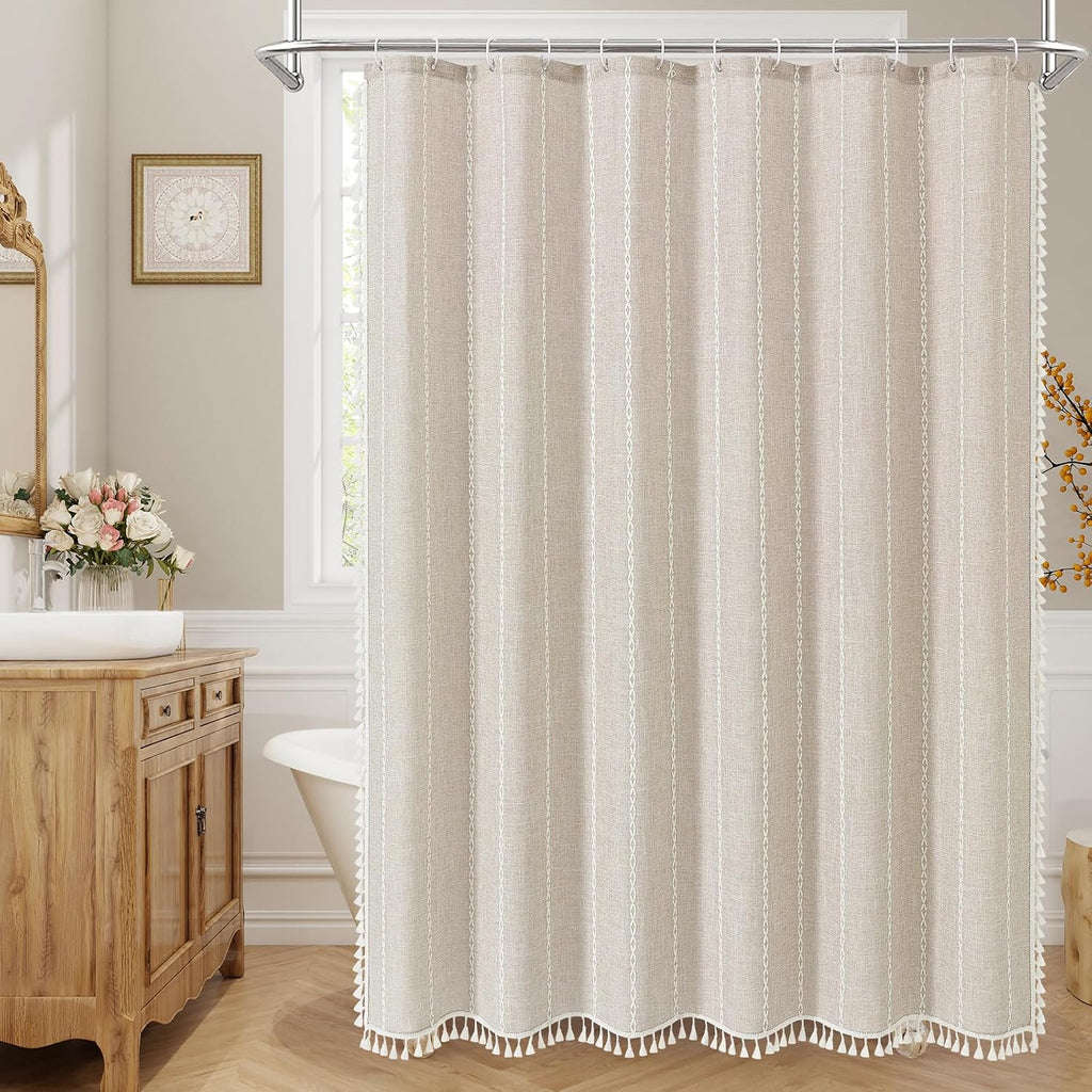 Beige Tassel Linen Boho Shower Curtain