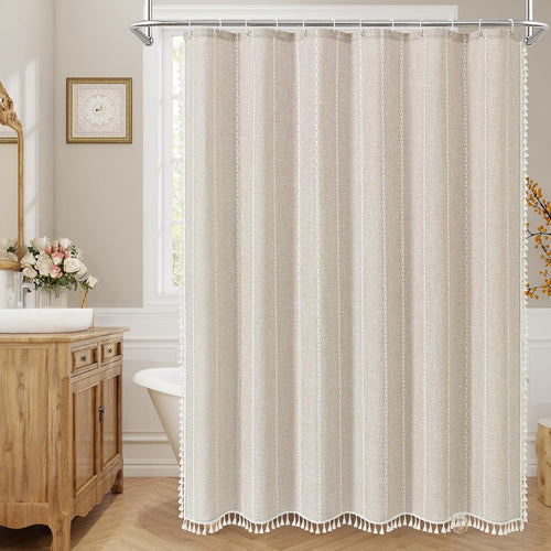 Beige Tassel Linen Boho Shower Curtain