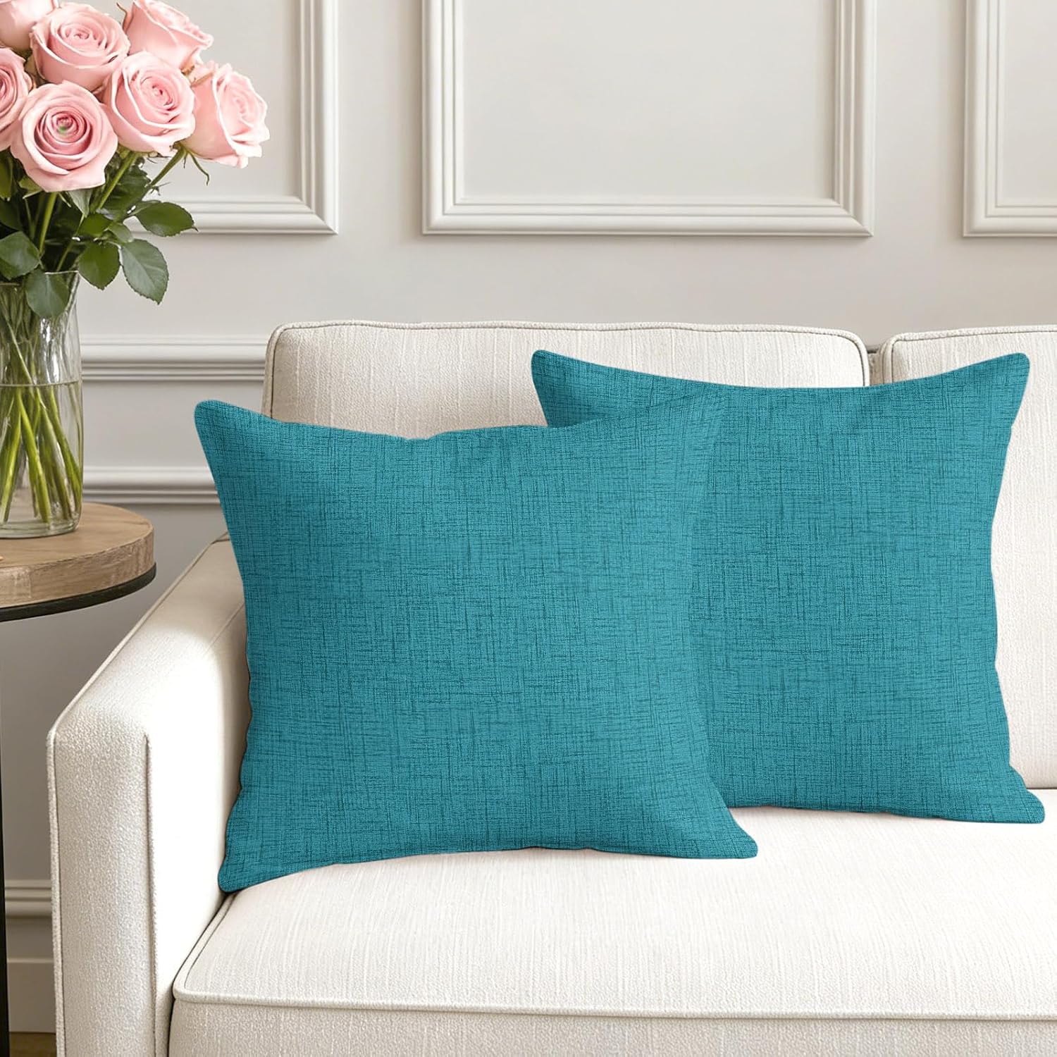 Teal Blue Cotton Linen Pillow Covers Set of 4, 16x16
