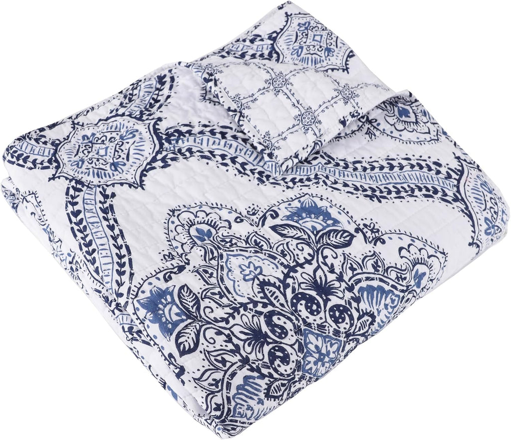 Navy Medallion Tile Quilted Cotton Throw 50x60in, Reversible