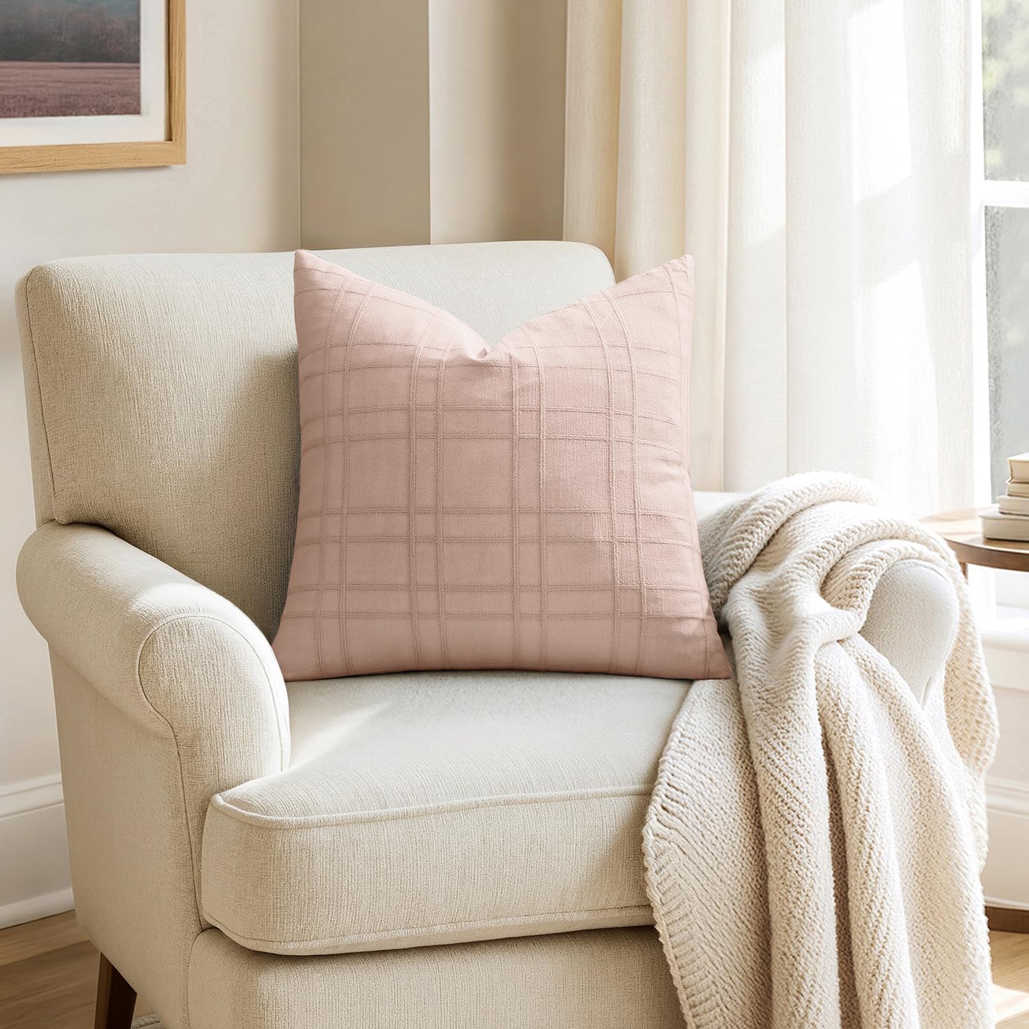 Light Pink Check Linen Pillow Covers Set of 2, 24x24