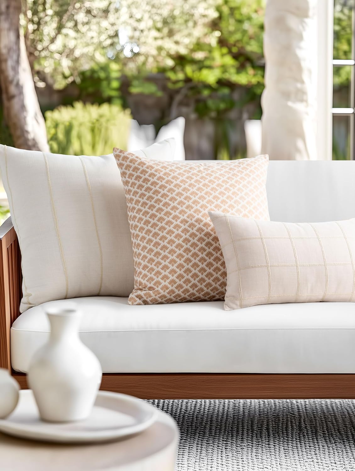 Beige Vertical Stripe Linen Pillow Cover 22"x22", Water Repellent