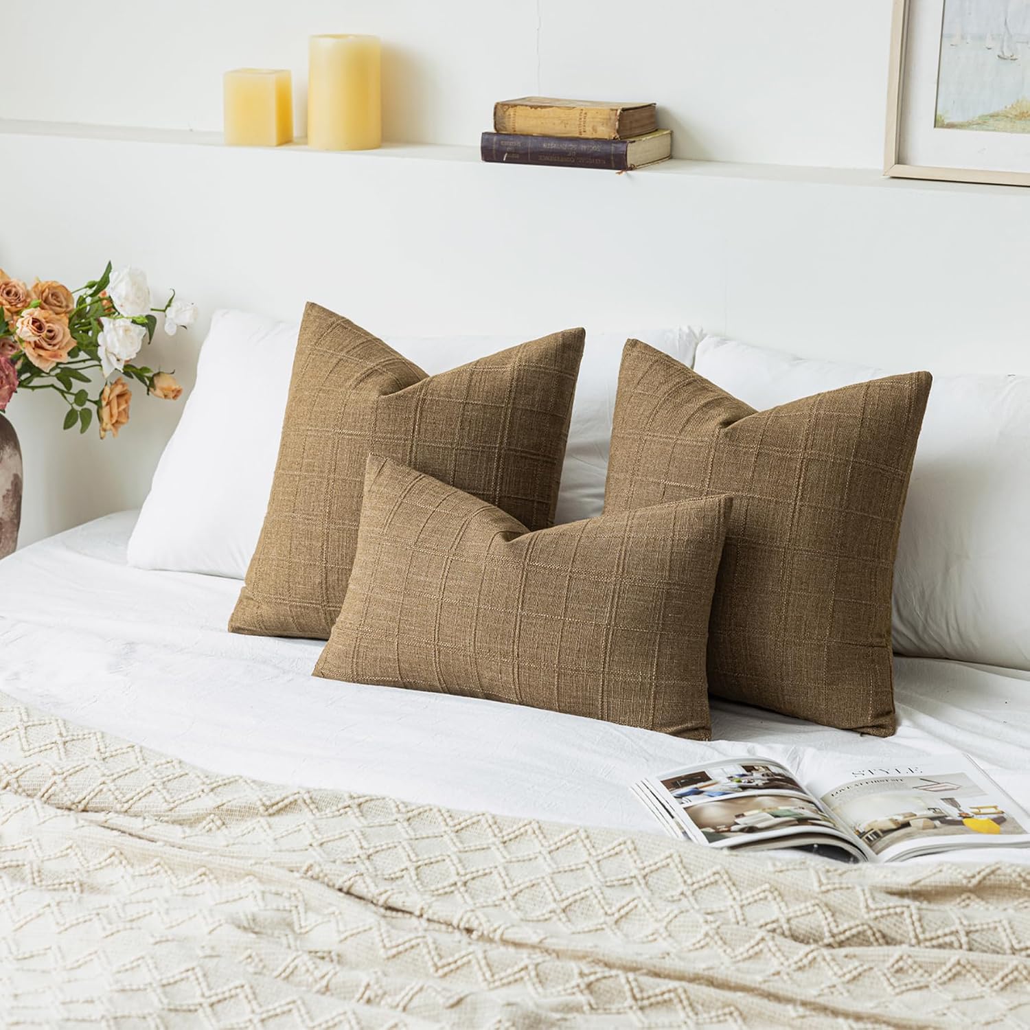 Brown Check Linen Pillow Covers Set of 2, 28"x28"