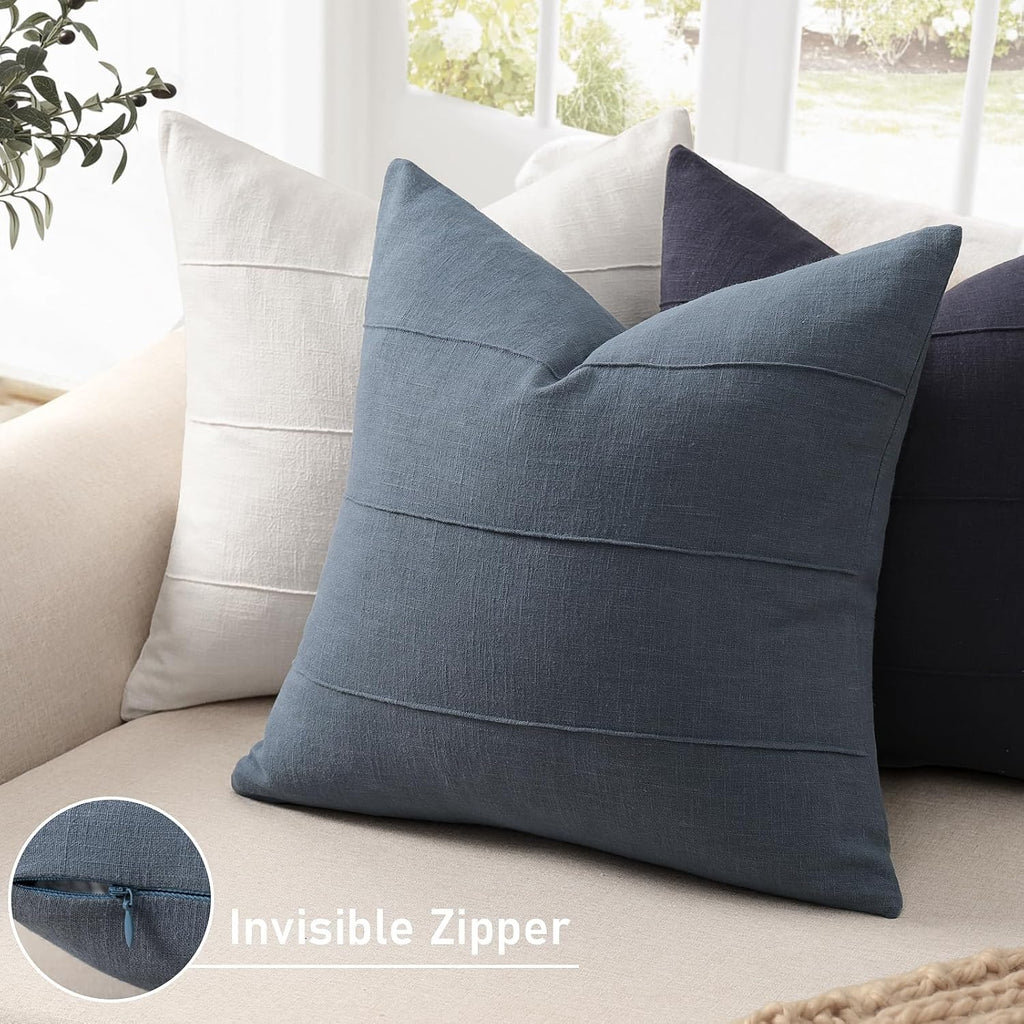 Slate Blue Striped Linen Throw Pillow Covers Set of 2, 26x26
