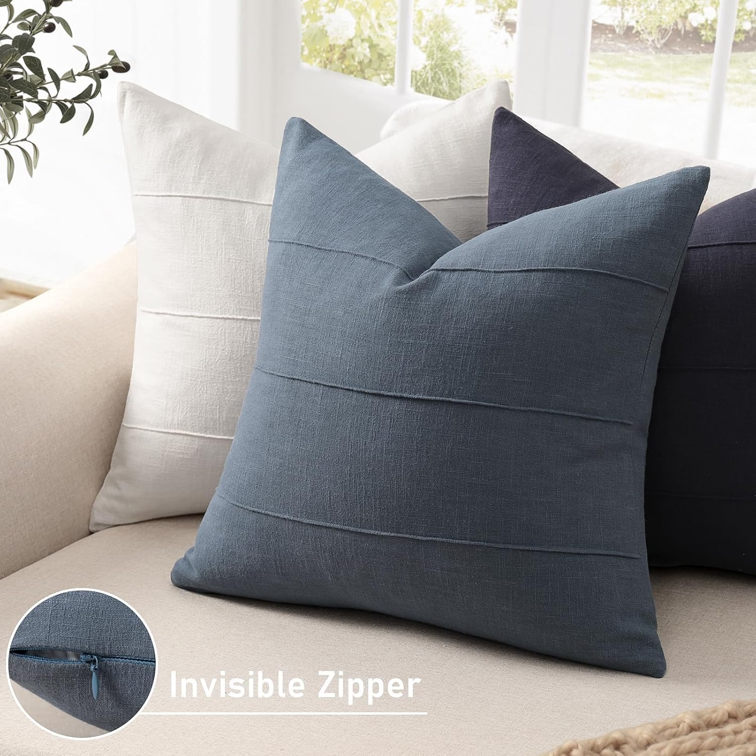 Slate Blue Striped Linen Throw Pillow Covers Set of 2, 26x26