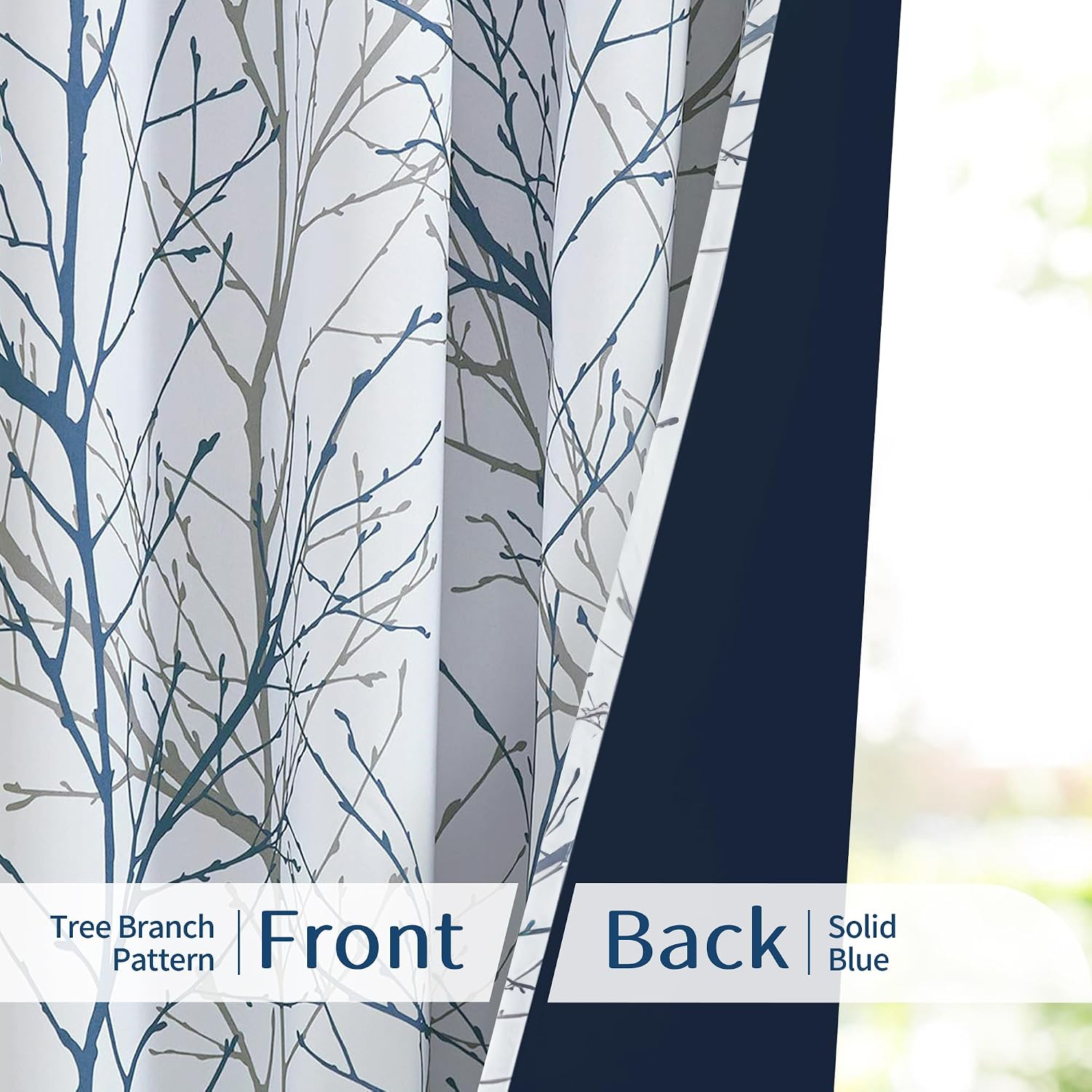 Blue Grey Tree Print Blackout Curtains 2 Panels
