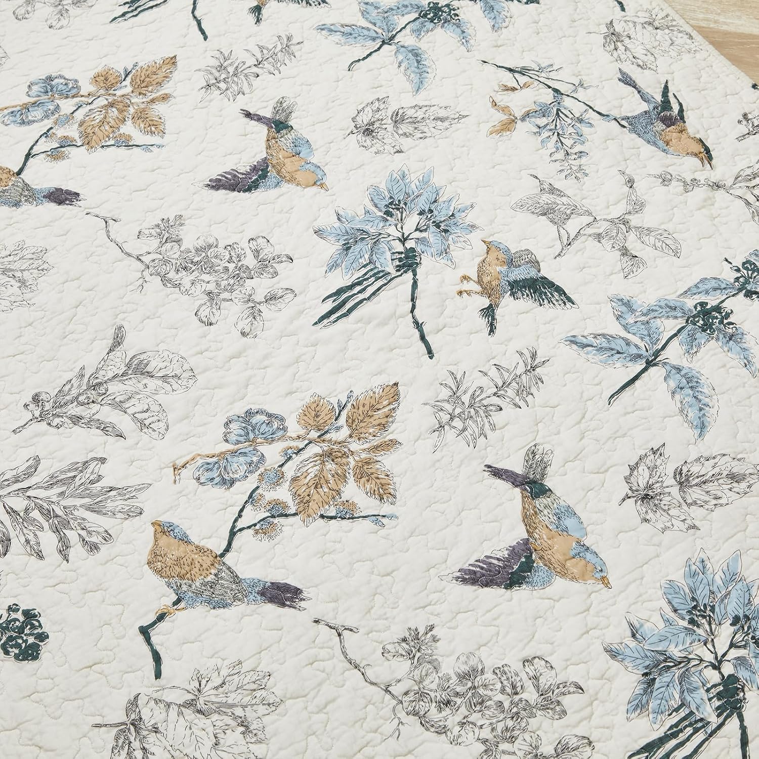 Beige Bird Print Cotton Quilted Throw 47x60 Inch