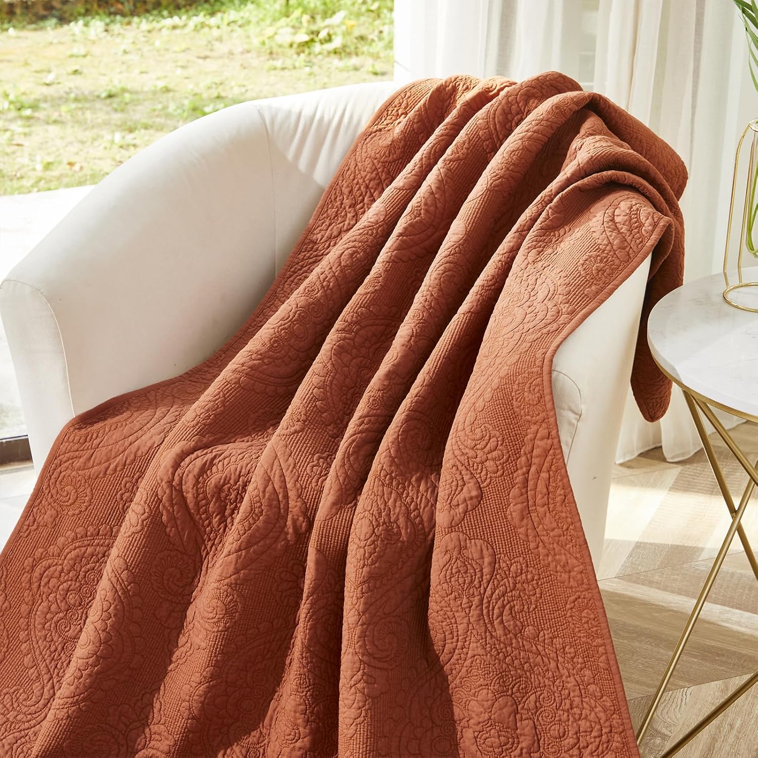 Burnt Orange Vintage Damask Cotton Quilted Throw 47x60 Inch