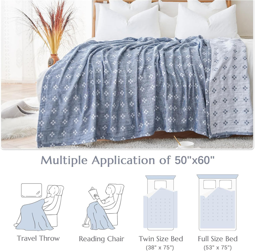 Blue Geometric Cotton Throw Quilt 50×60 Inch
