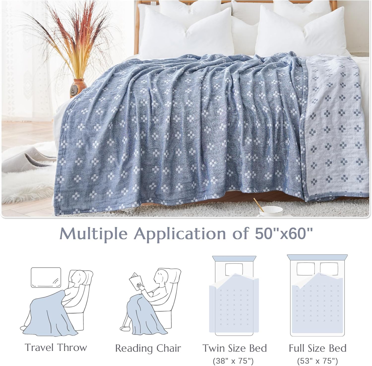 Blue Geometric Cotton Throw Quilt 50×60 Inch