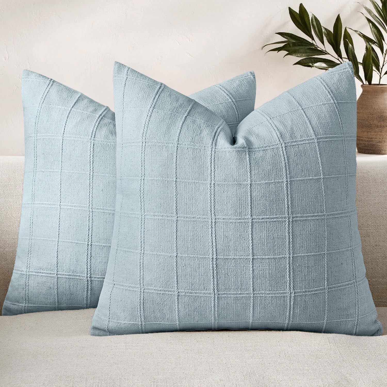 Light Blue Check Linen Pillow Covers Set of 2, 24x24