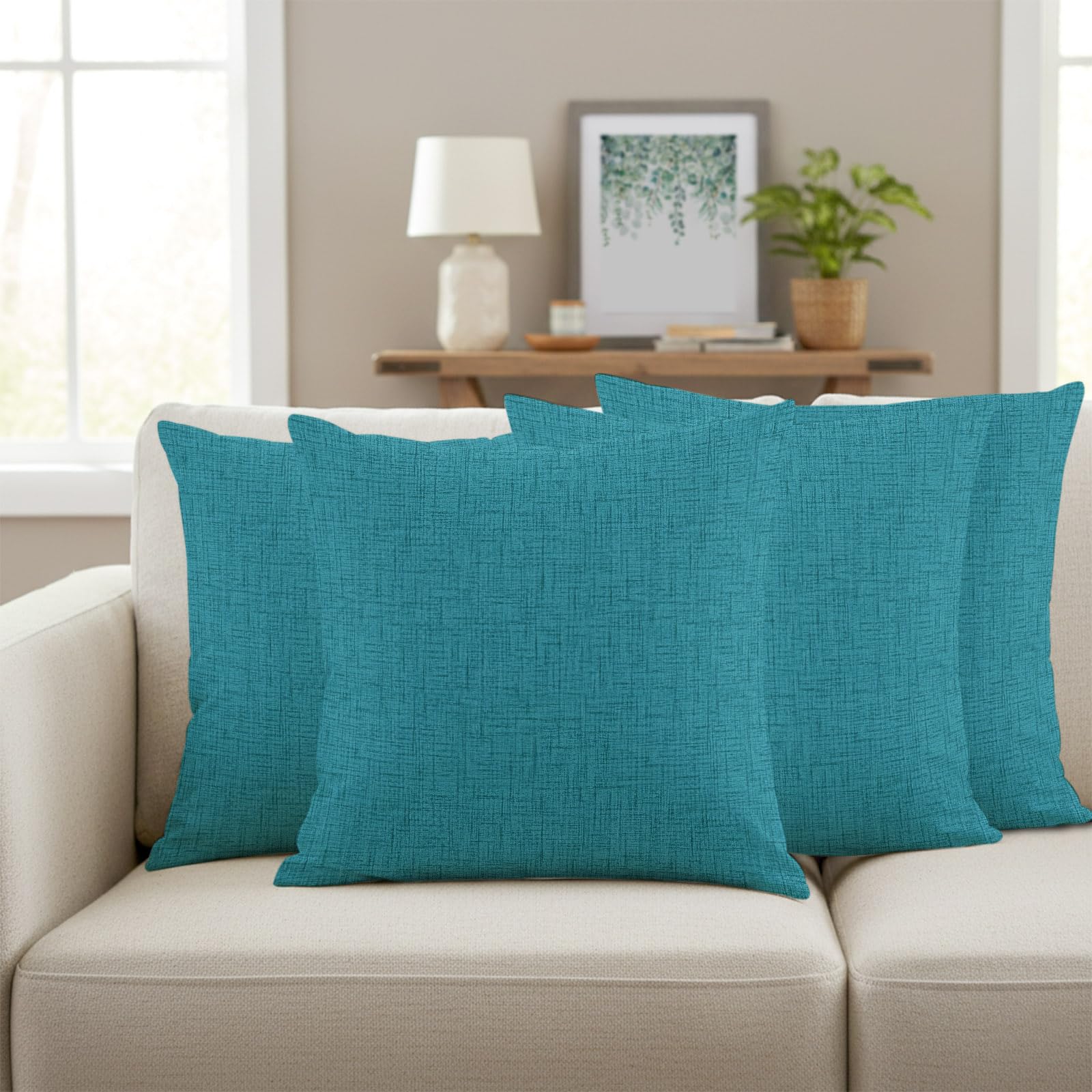 Teal Blue Cotton Linen Pillow Covers Set of 4, 16x16