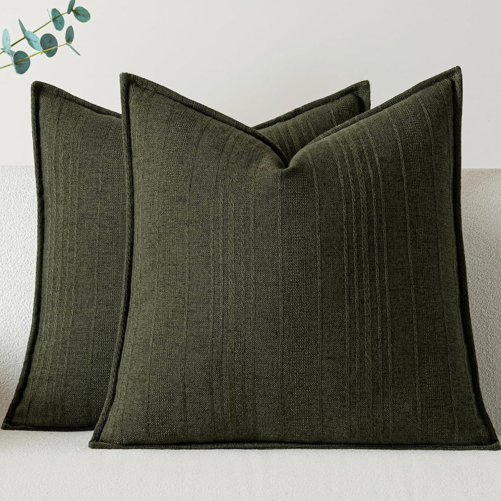 Dark Green Textured Linen Pillow Covers Set of 2, 26"x26"
