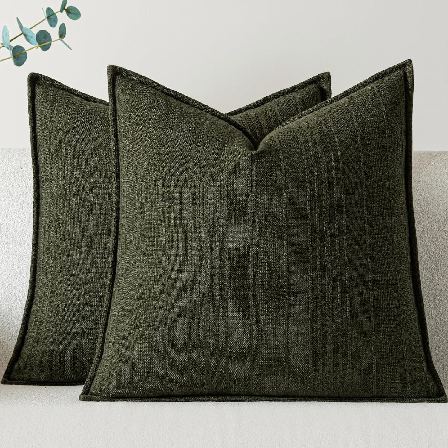 Dark Green Textured Linen Pillow Covers Set of 2, 26"x26"
