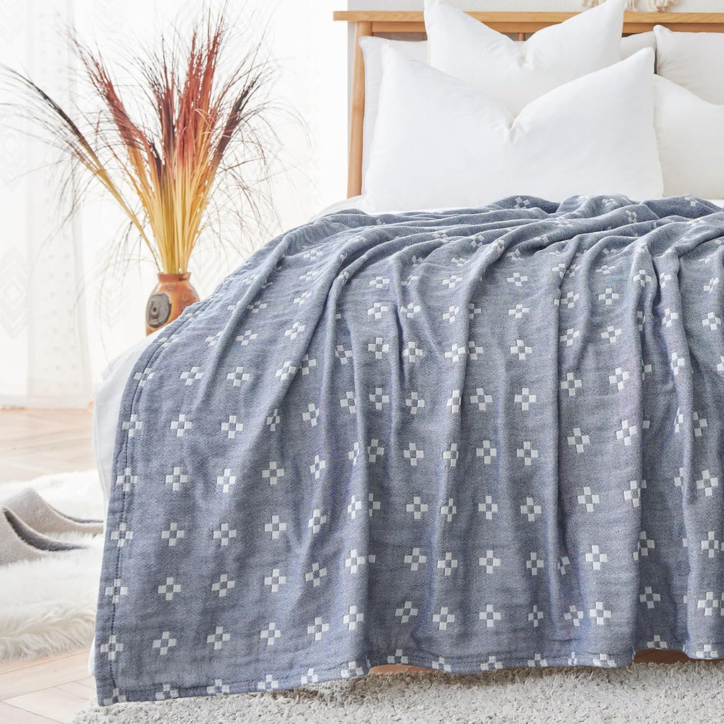 Blue Geometric Cotton Throw Quilt 50×60 Inch