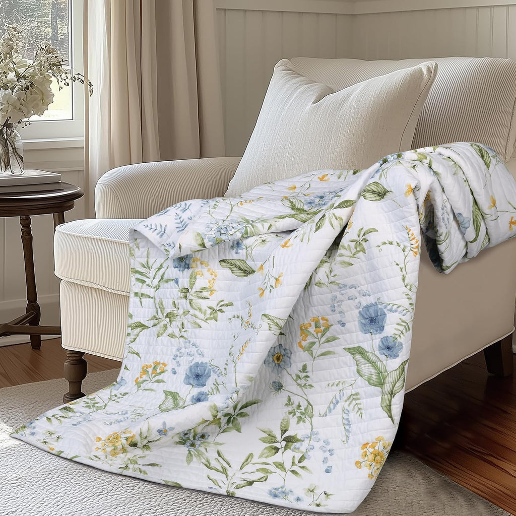 Blue Quilted Floral Cotton Throw 50x60in, Reversible