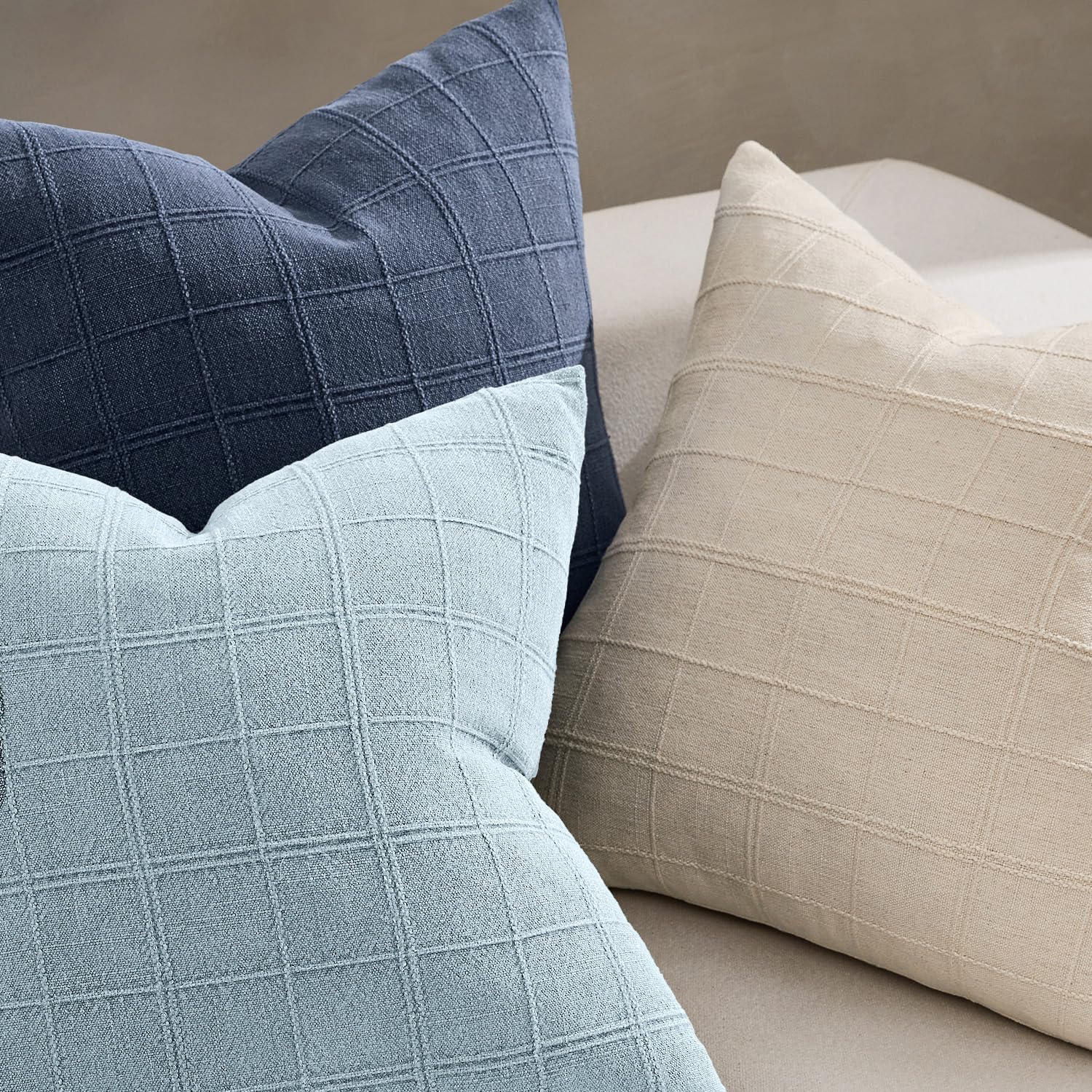 Light Blue Check Linen Pillow Covers Set of 2, 24x24