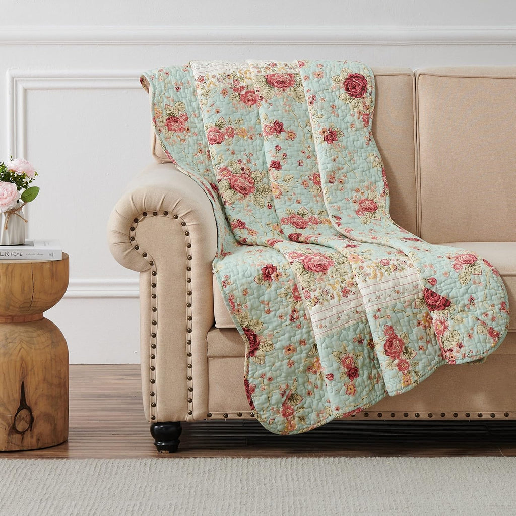 Blue Floral Cotton Quilted Throw 50x60in