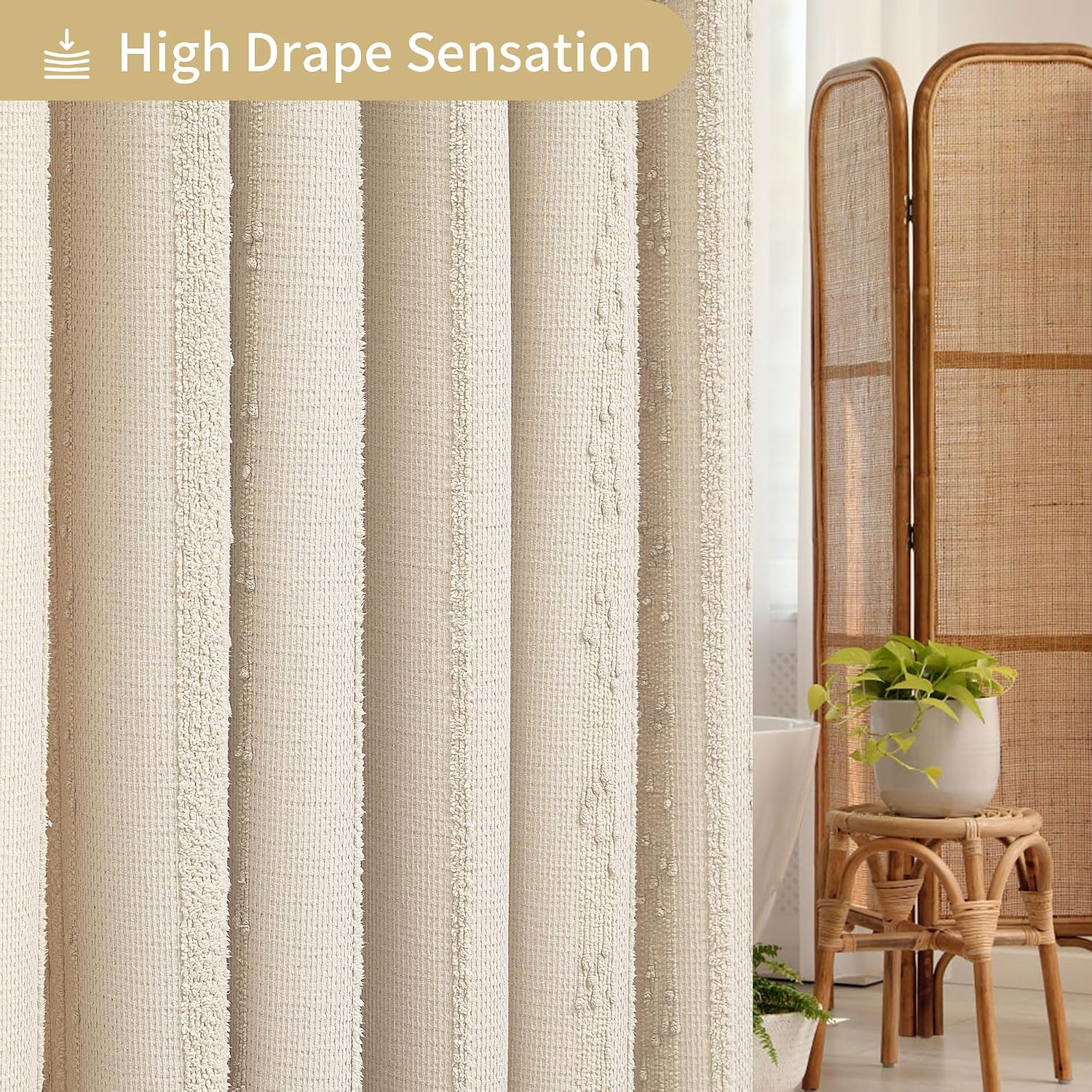 Beige Waffle Weave Stripe Boho Shower Curtain 72x72