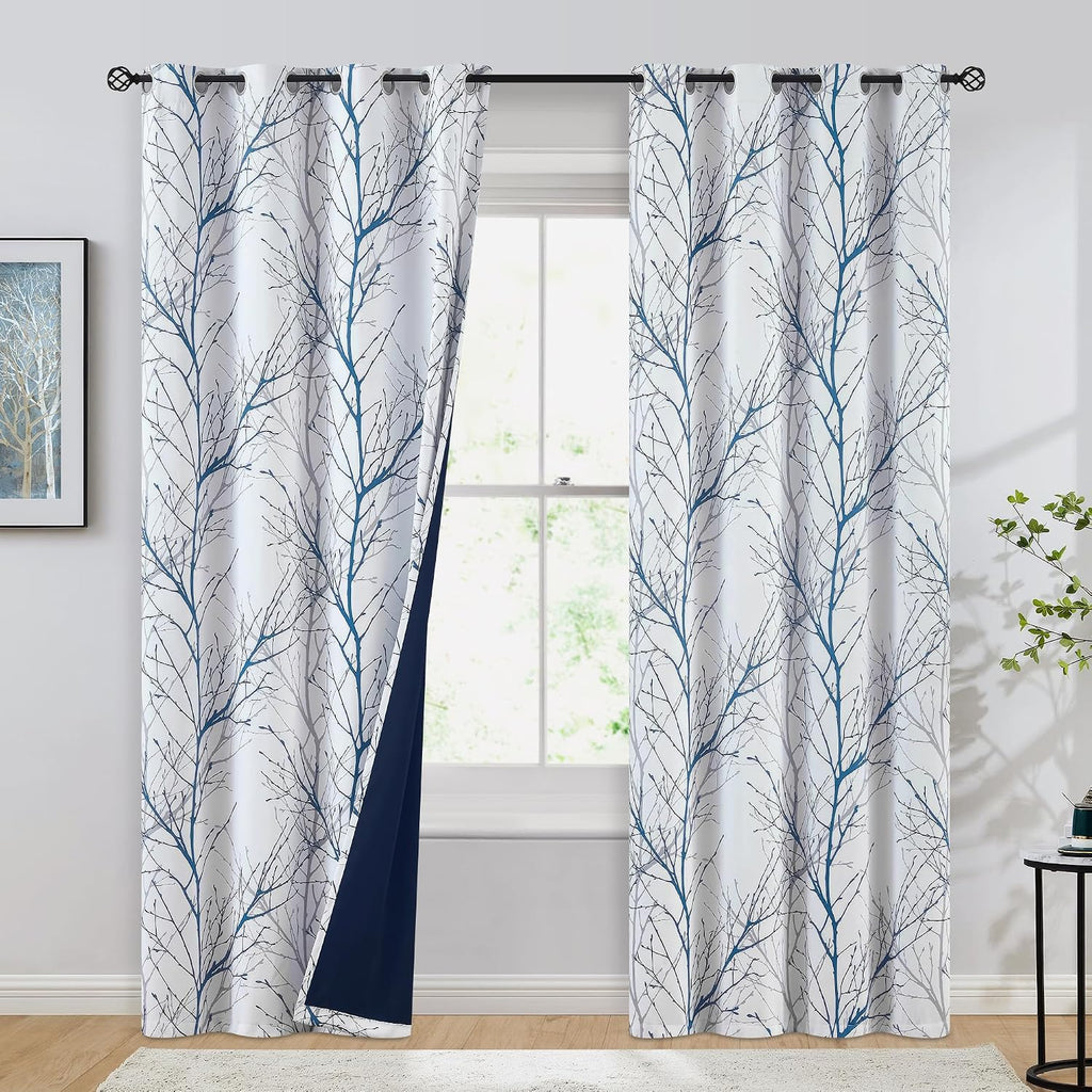 Blue Grey Tree Print Blackout Curtains 2 Panels