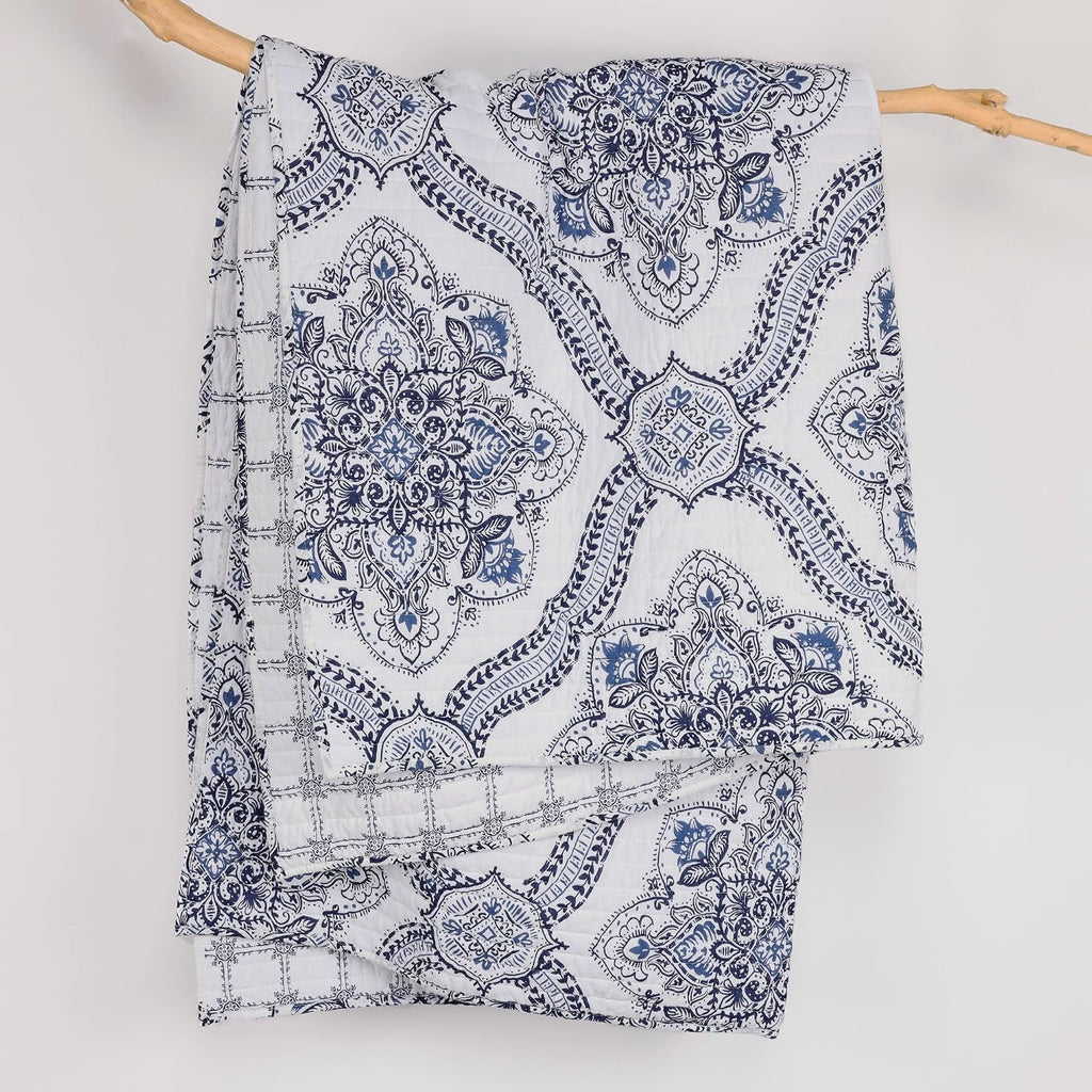 Navy Medallion Tile Quilted Cotton Throw 50x60in, Reversible