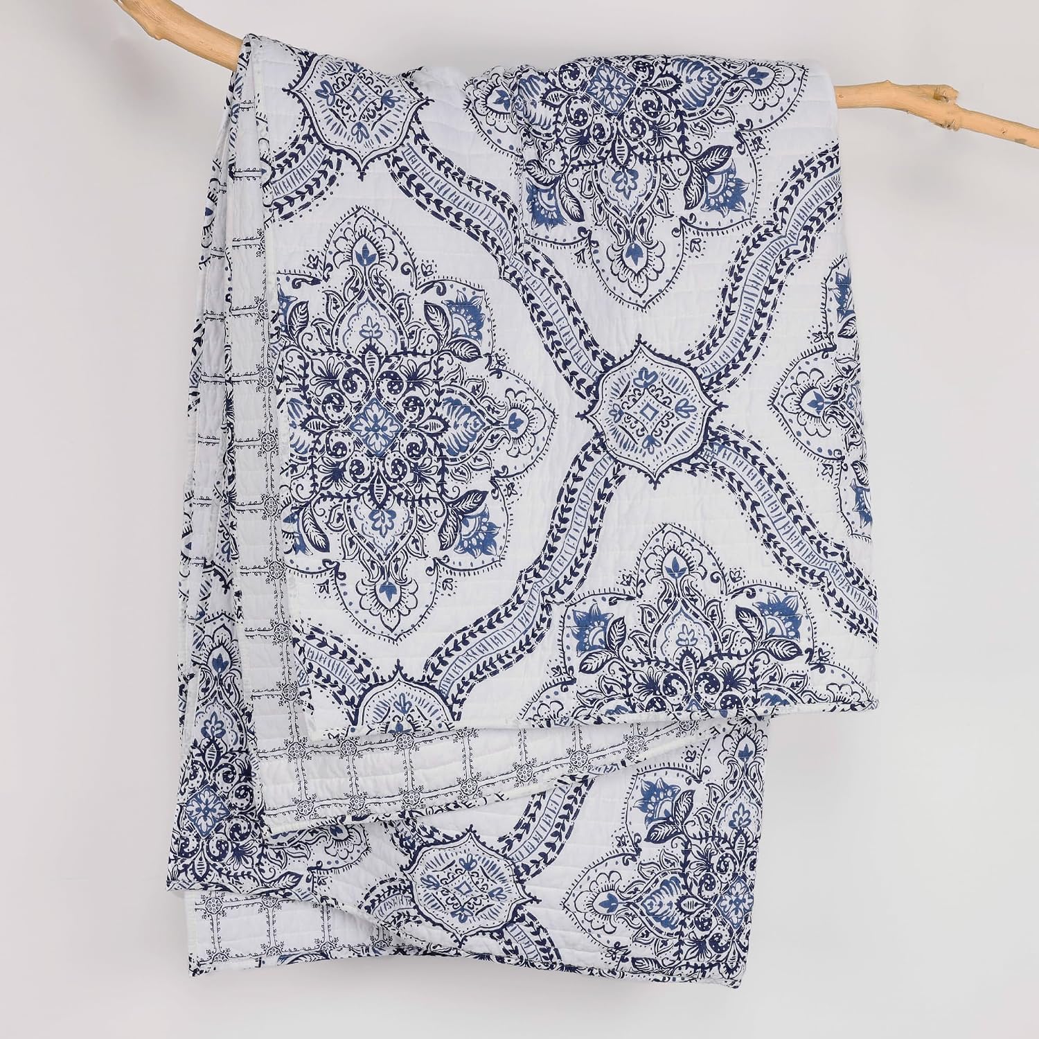 Navy Medallion Tile Quilted Cotton Throw 50x60in, Reversible