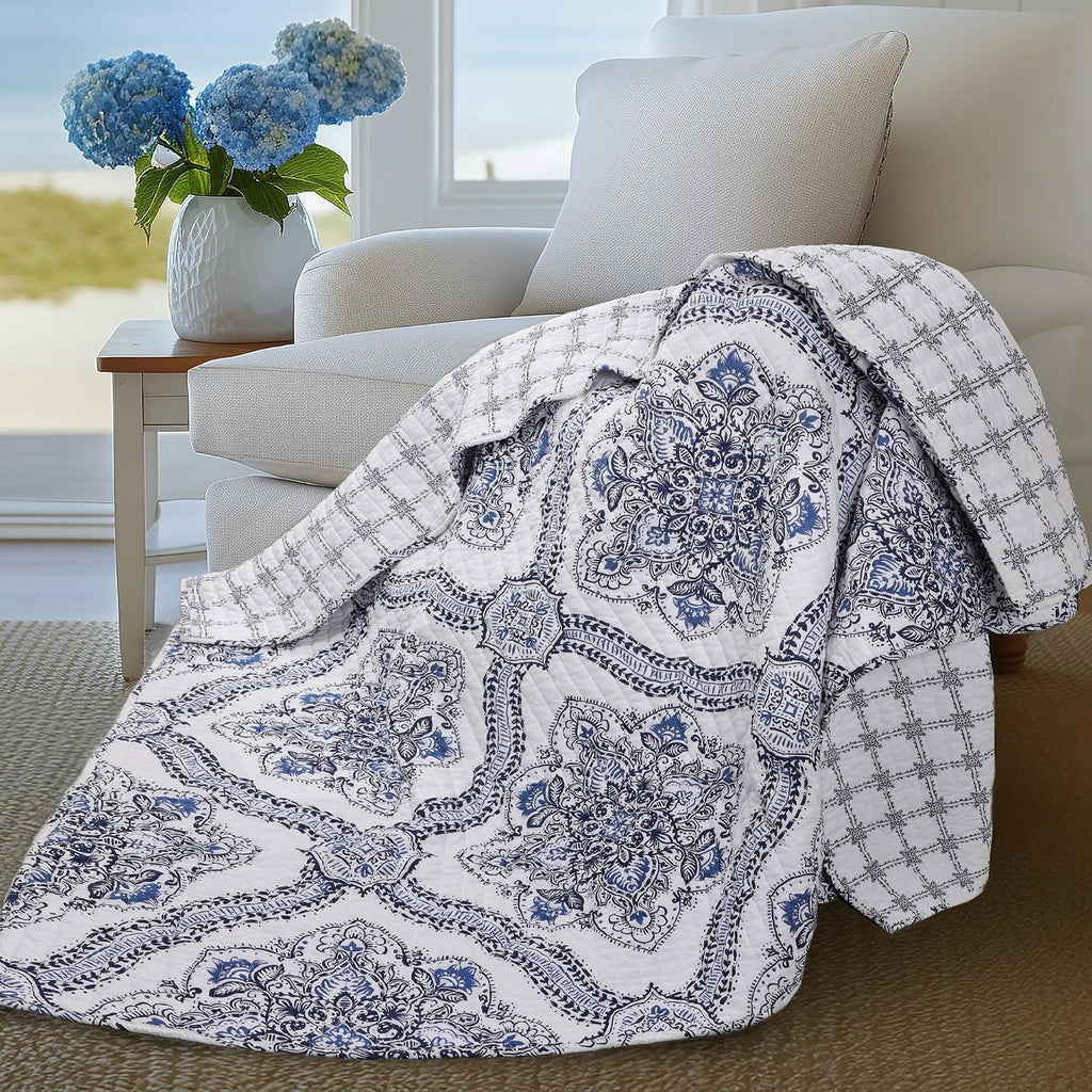 Navy Medallion Tile Quilted Cotton Throw 50x60in, Reversible