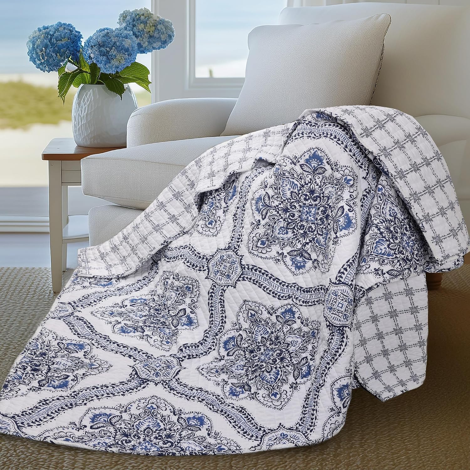 Navy Medallion Tile Quilted Cotton Throw 50x60in, Reversible