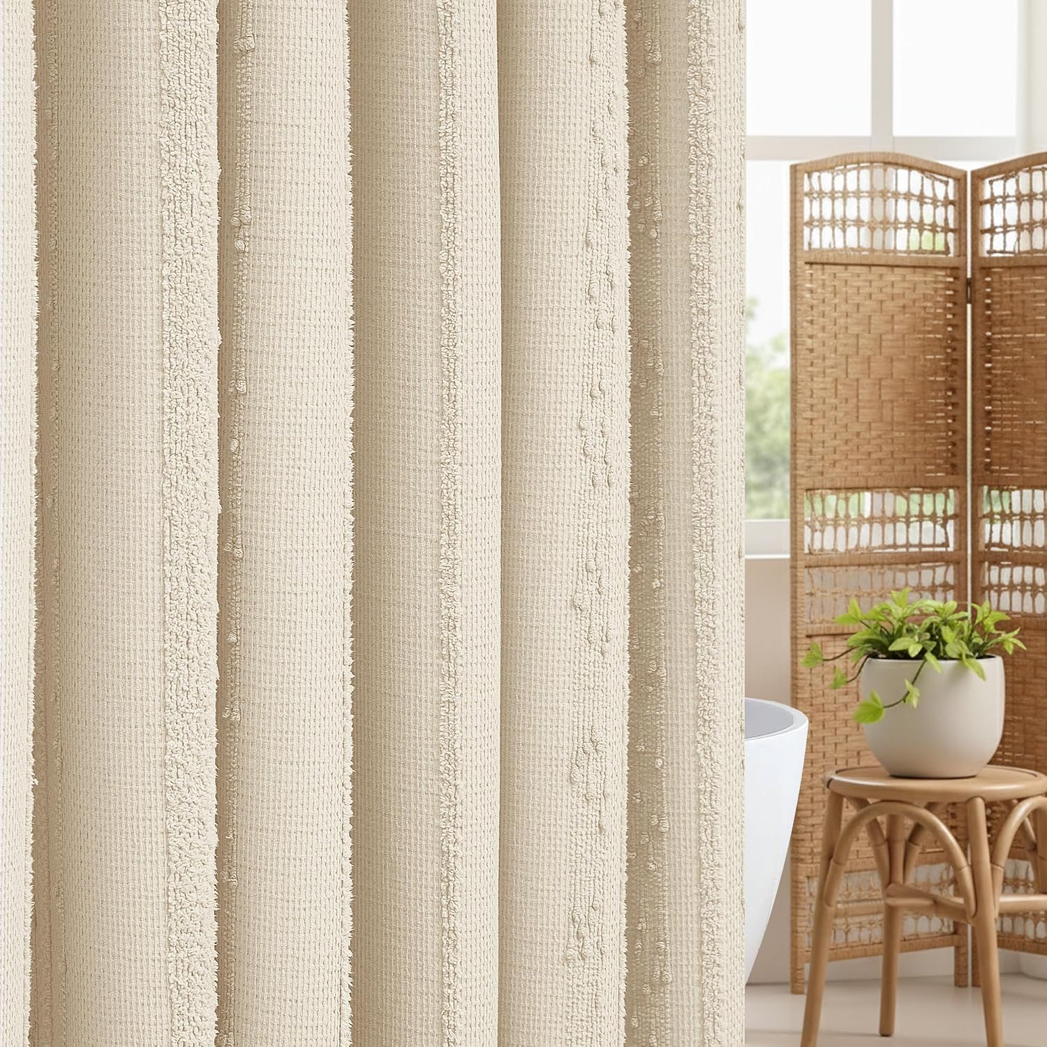 Beige Waffle Weave Stripe Boho Shower Curtain 72x72