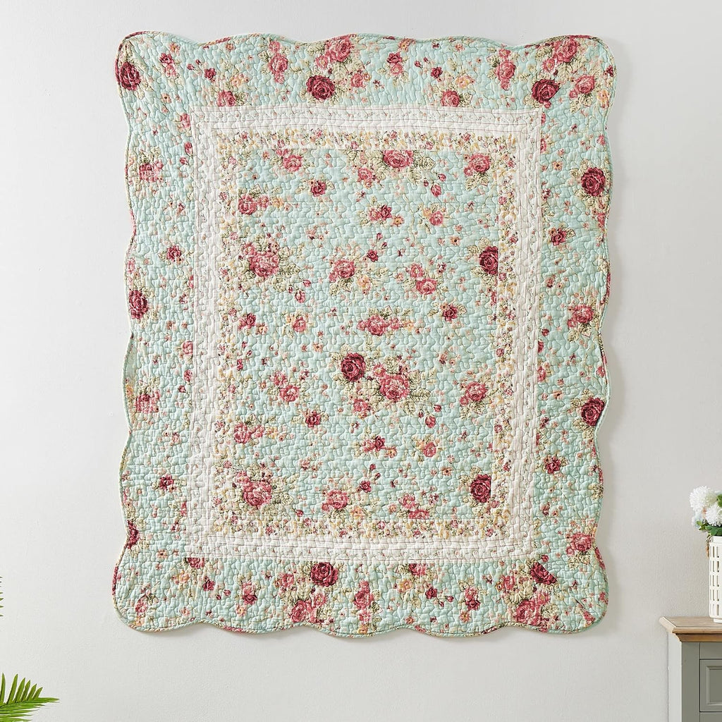 Blue Floral Cotton Quilted Throw 50x60in