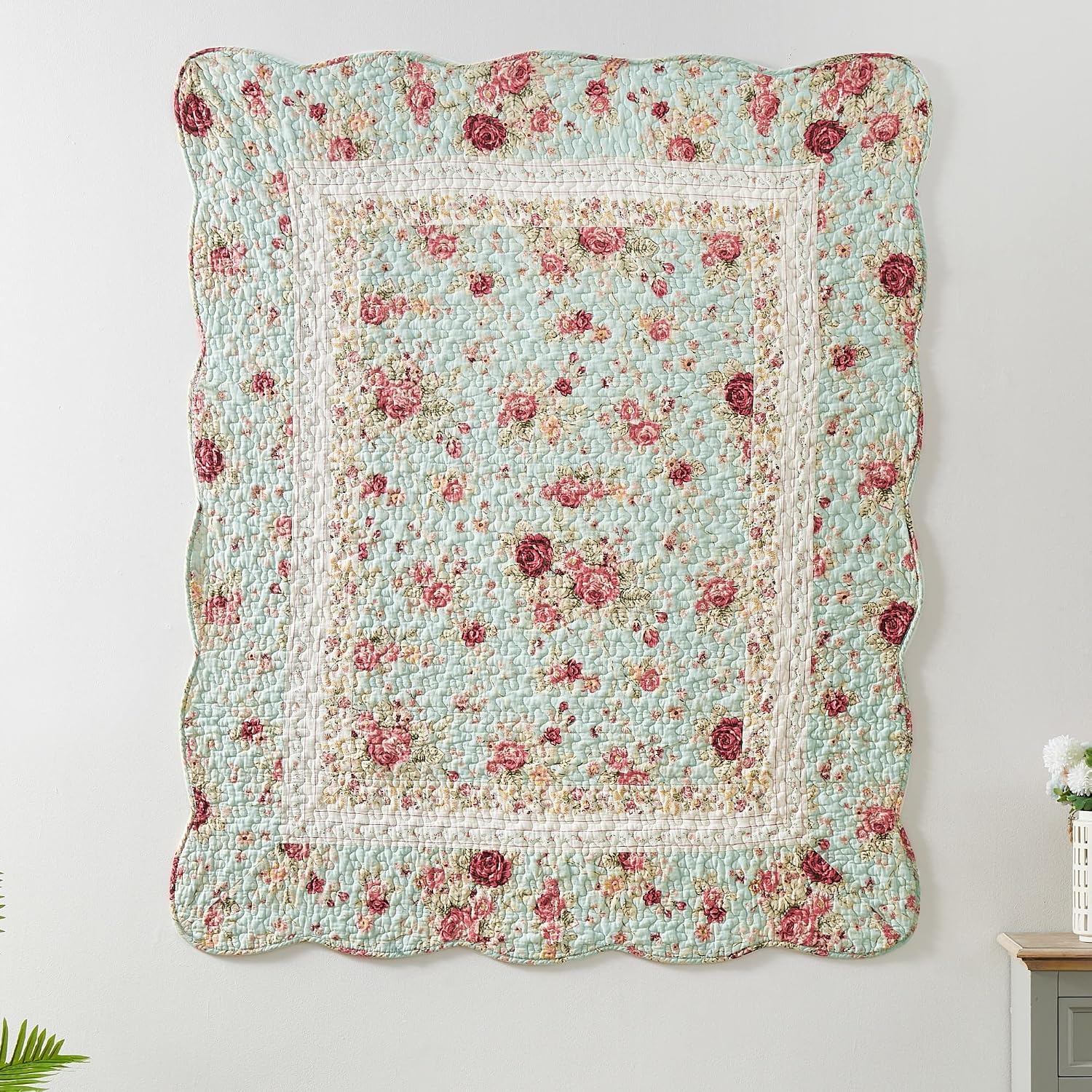 Blue Floral Cotton Quilted Throw 50x60in