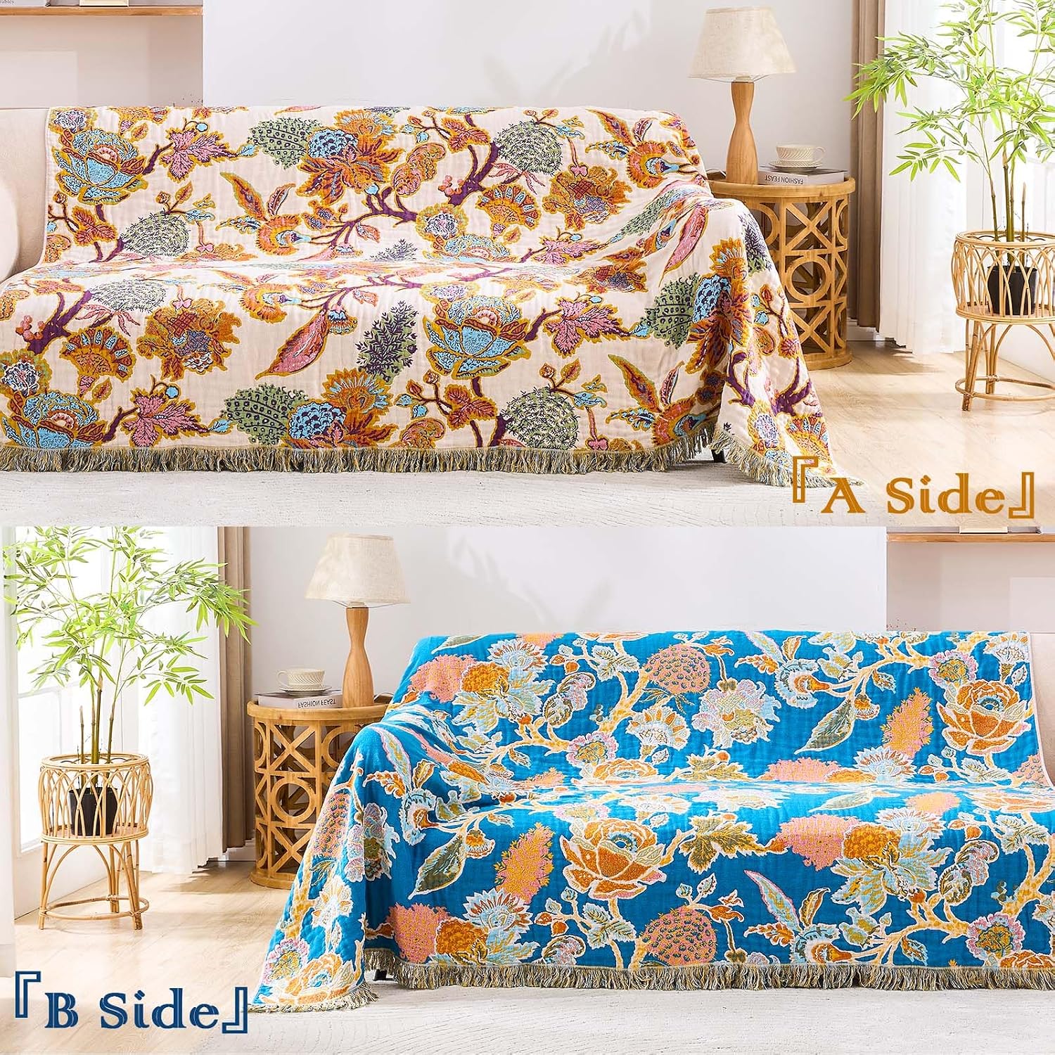 Floral Cotton Boho Throw Quilt 50"×60"