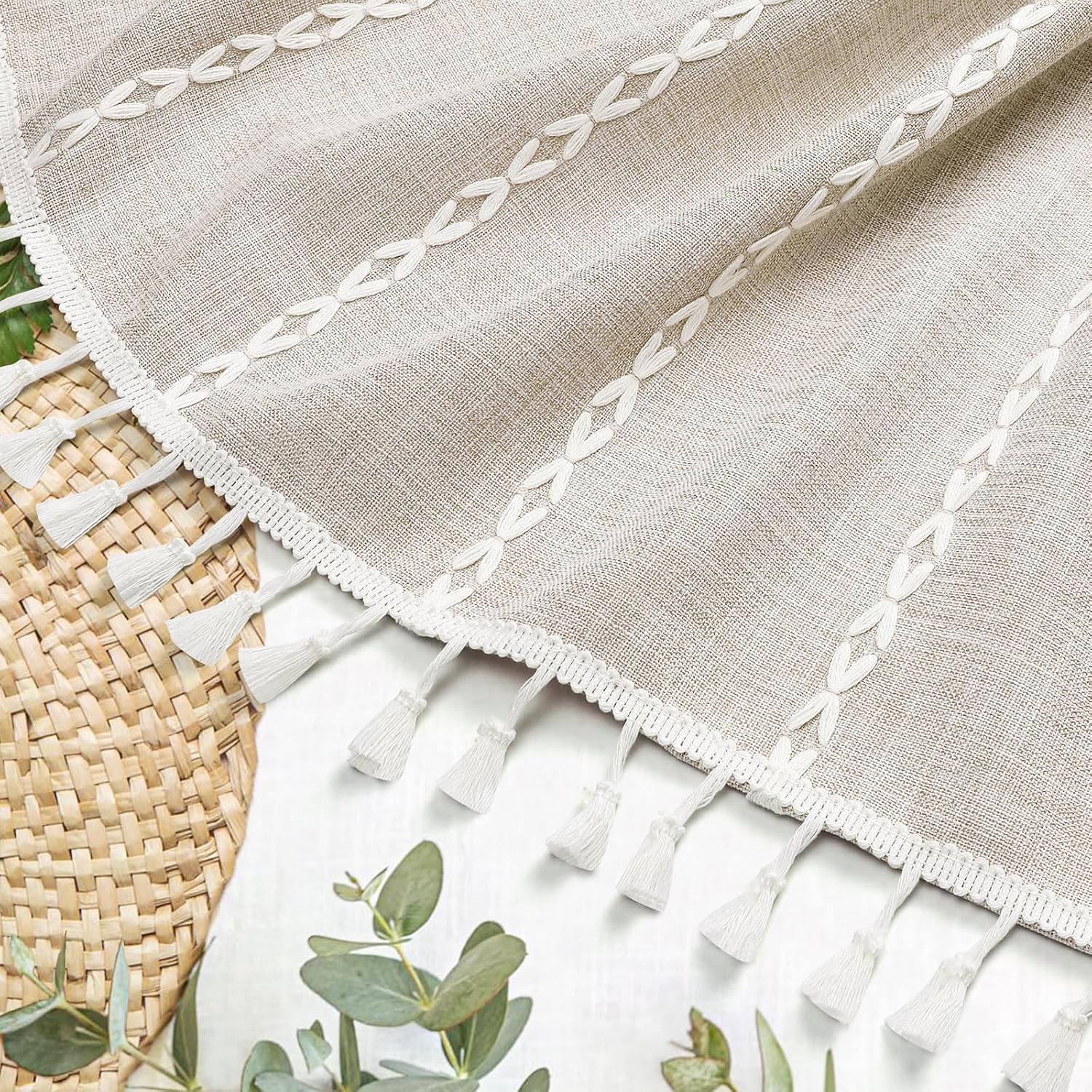 Beige Tassel Linen Boho Shower Curtain