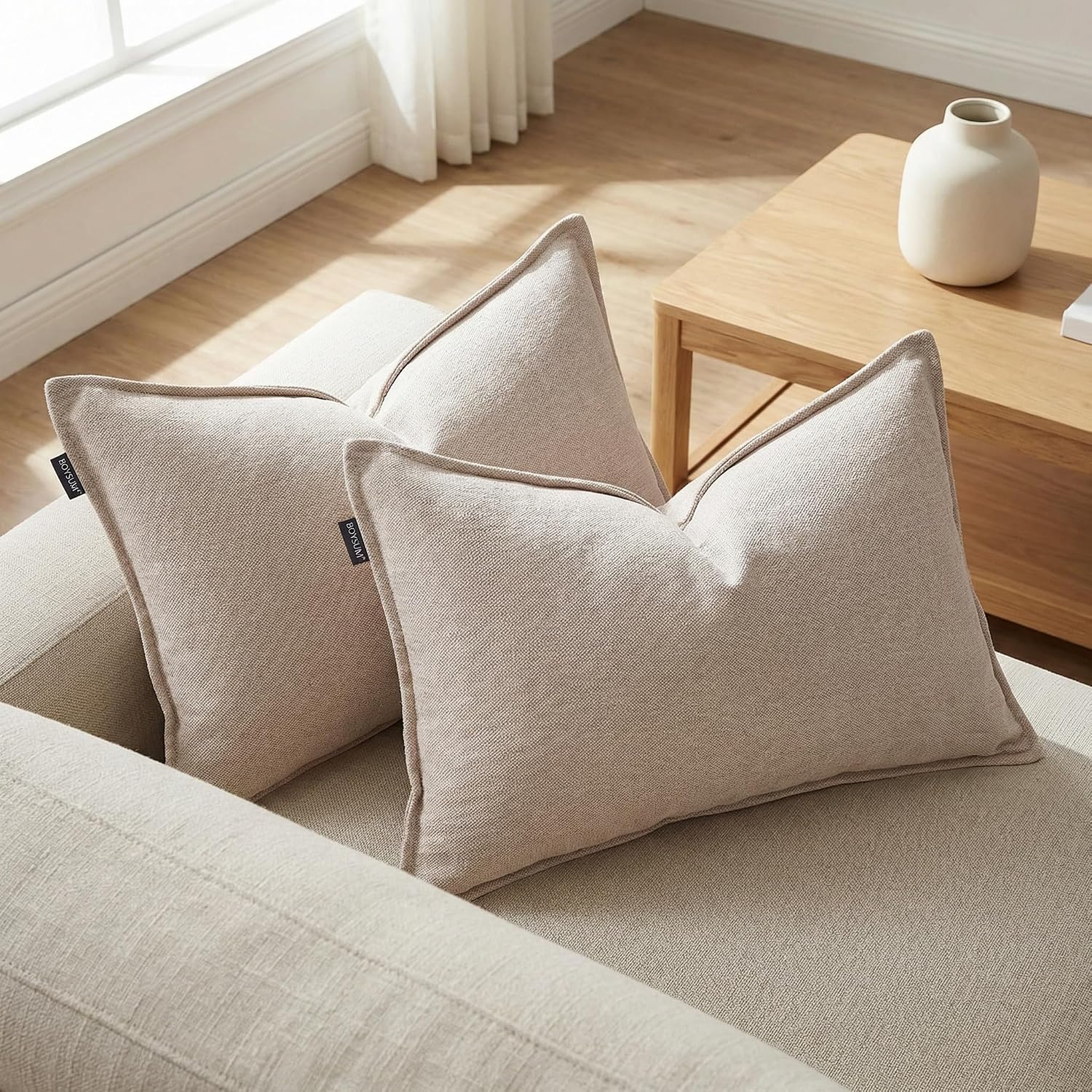 Beige Chenille Linen Textured Pillow Covers Set of 2, 20x20