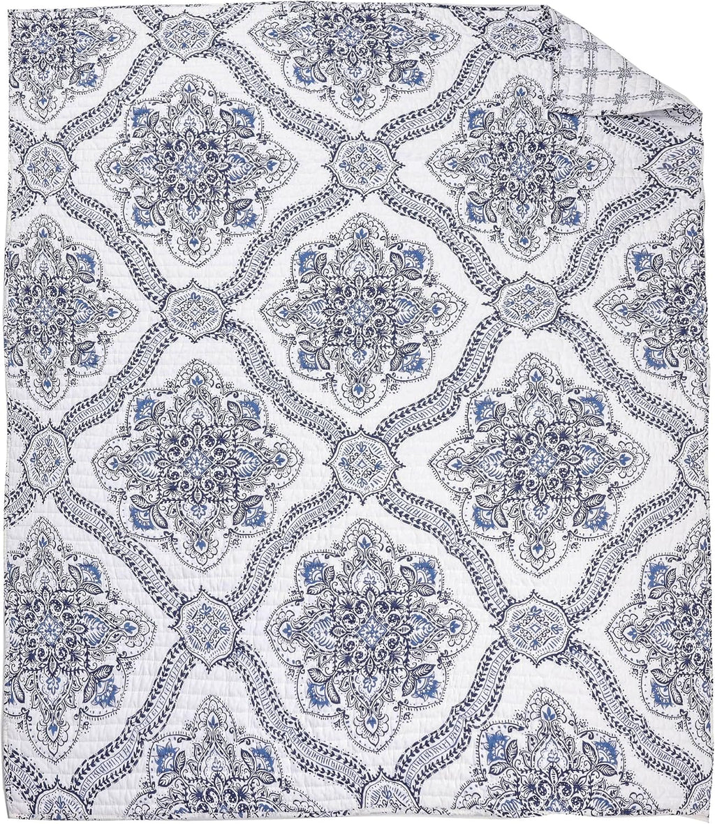 Navy Medallion Tile Quilted Cotton Throw 50x60in, Reversible